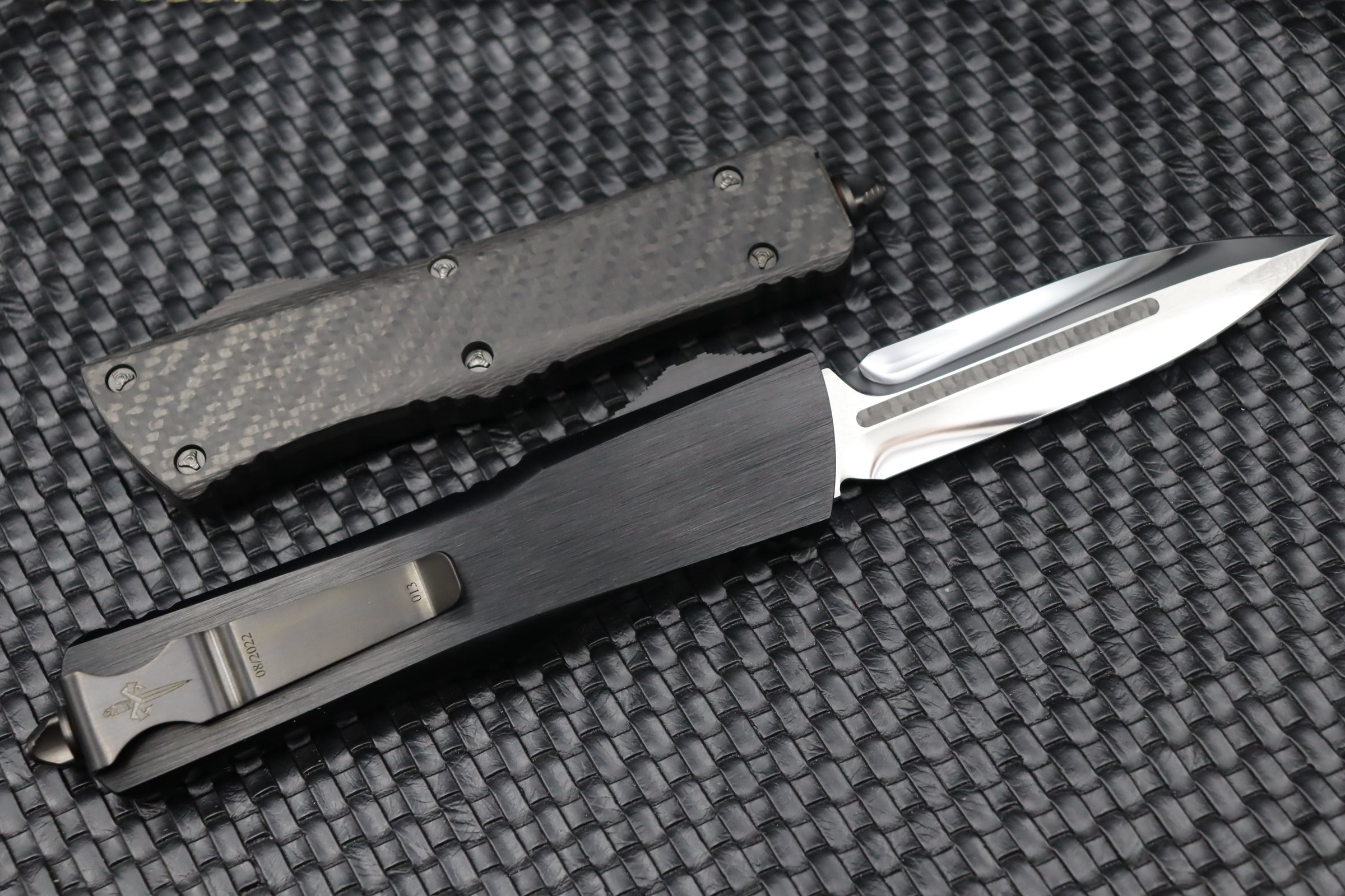 Ultimate Marfione Custom Combat Troodon OTF Knife - Mirror Polish, Carbon Fiber Inlays & DLC Hardware