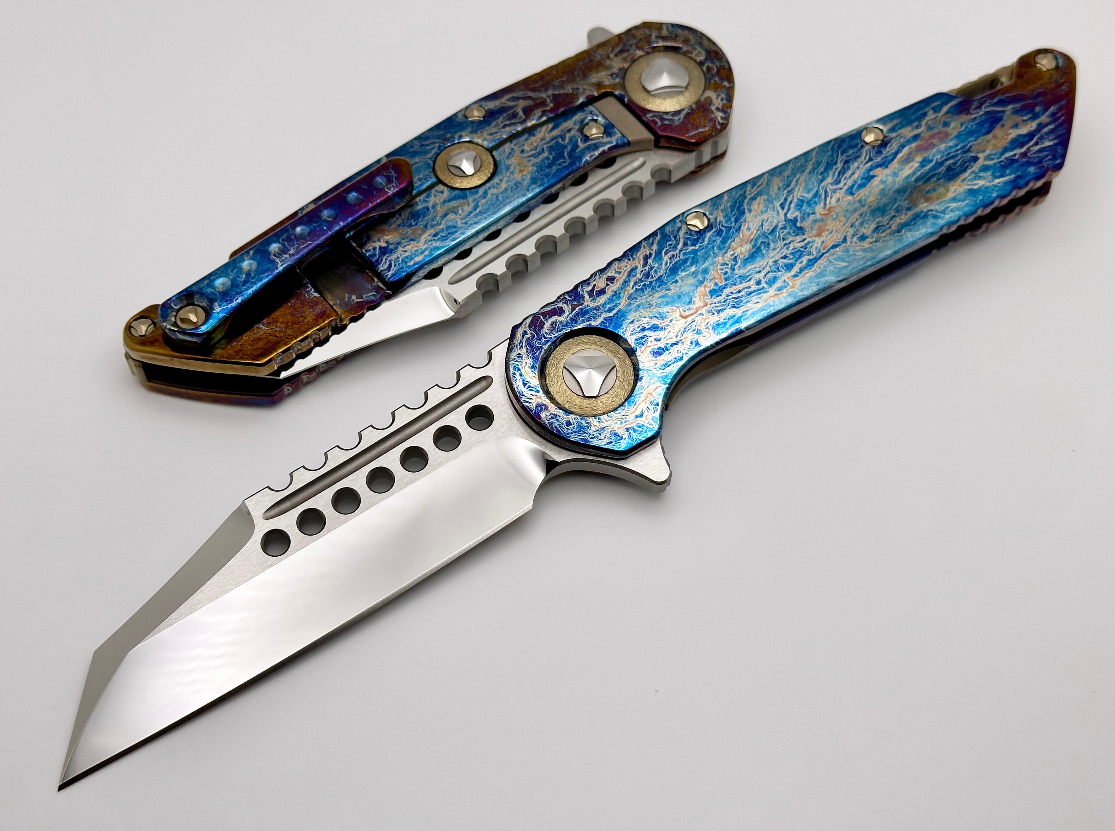 Premium Marfione Custom Warhound Knife - Mirror Polish M390 Blade & Galactic Acid Titanium Handles