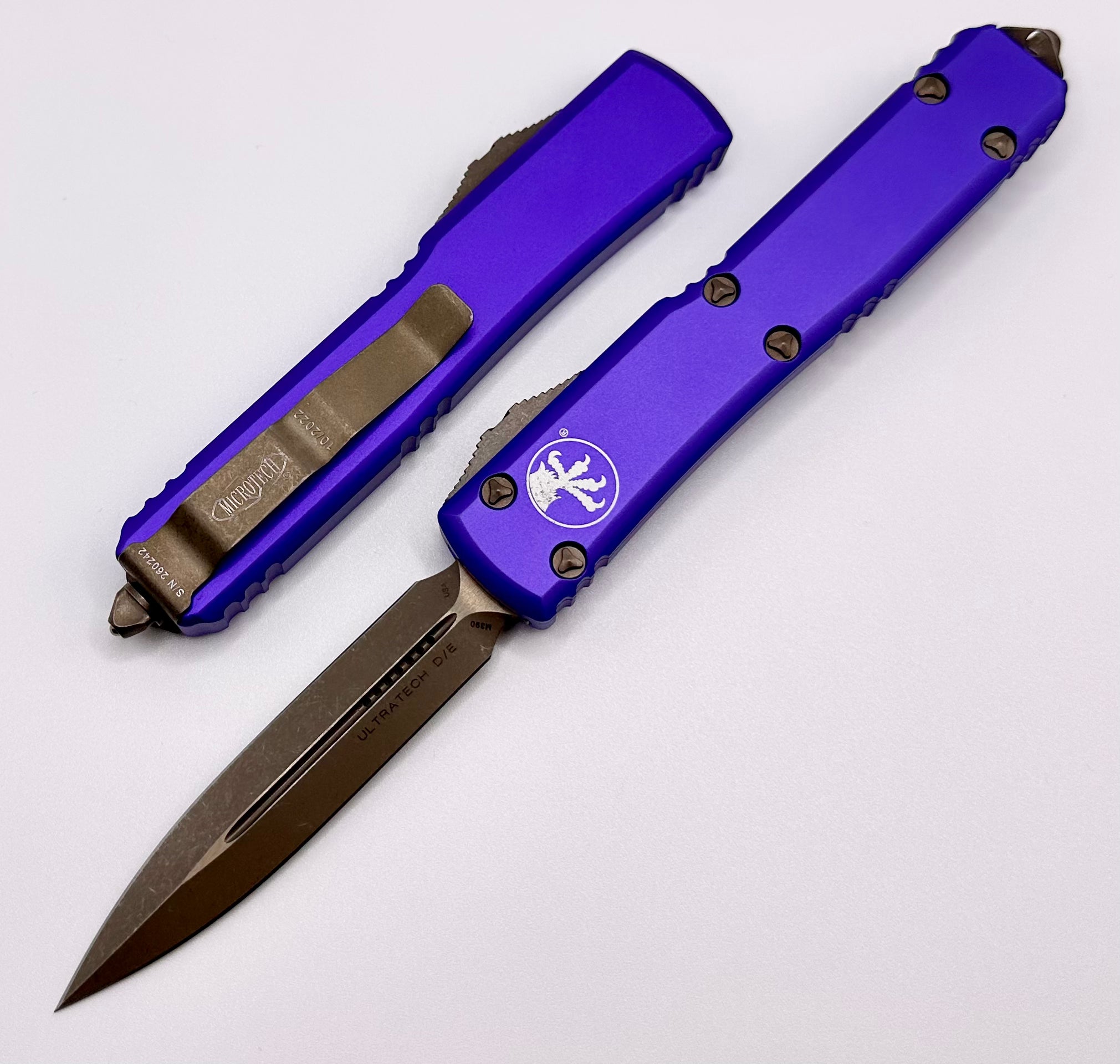 Premium Microtech Ultratech Bronze Apocalyptic & Purple Double Edge Knife