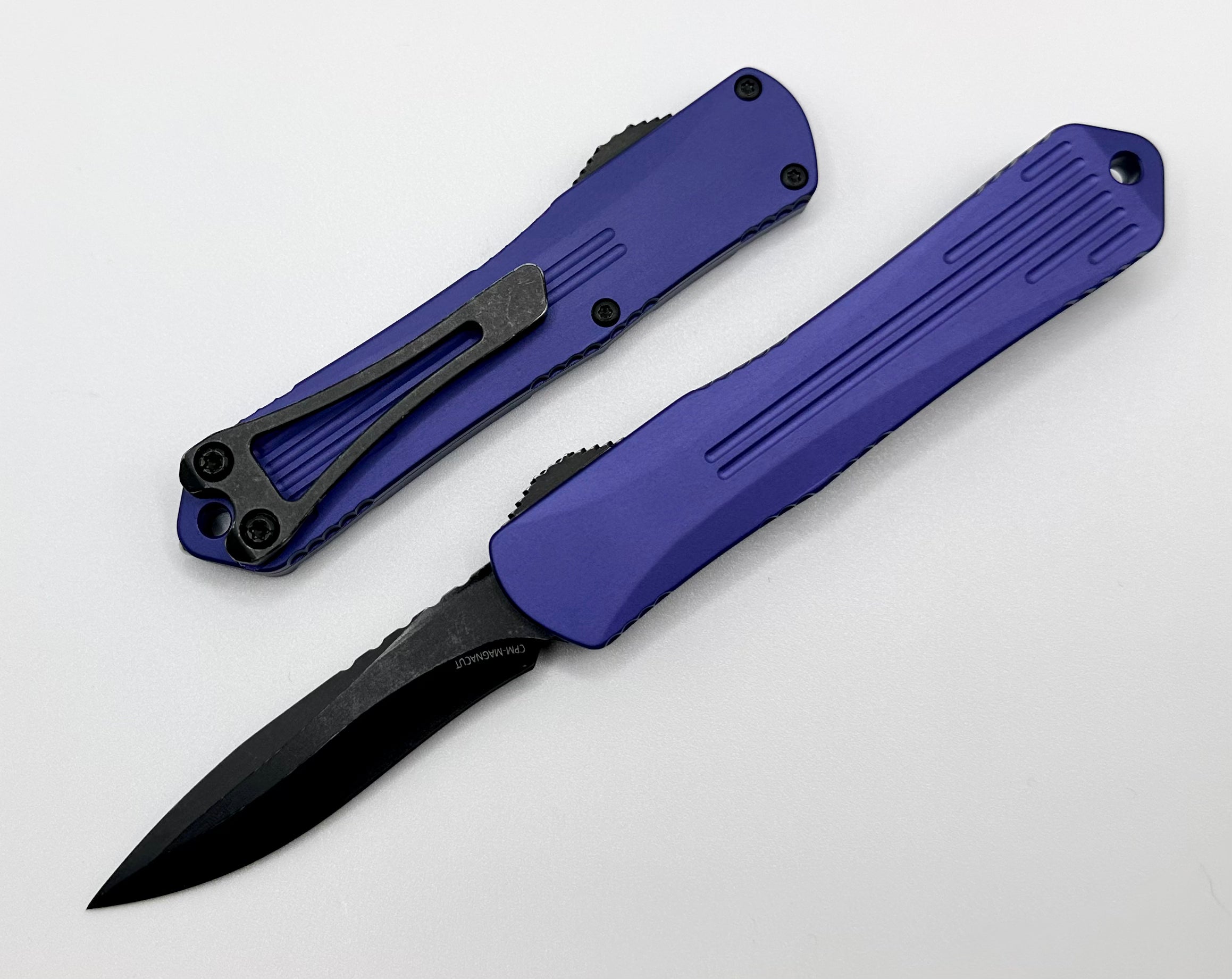 Heretic Knives Manticore S Premium OTF Knife - Battleworn Black Cerakote & Purple Accents