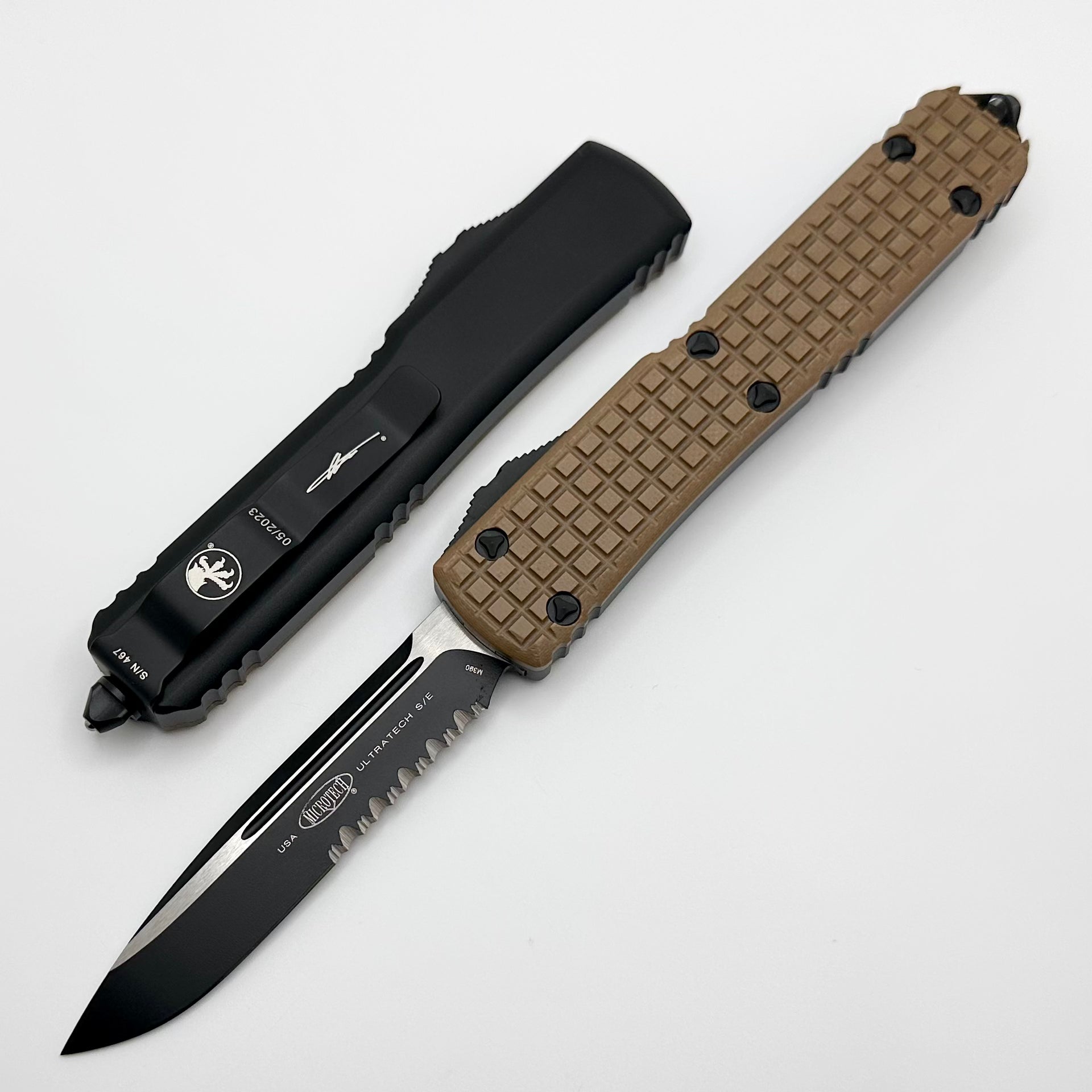 Microtech Ultratech Tactical Knife - Premium Tan G-10 Handle, Partial Serrated M390 Blade