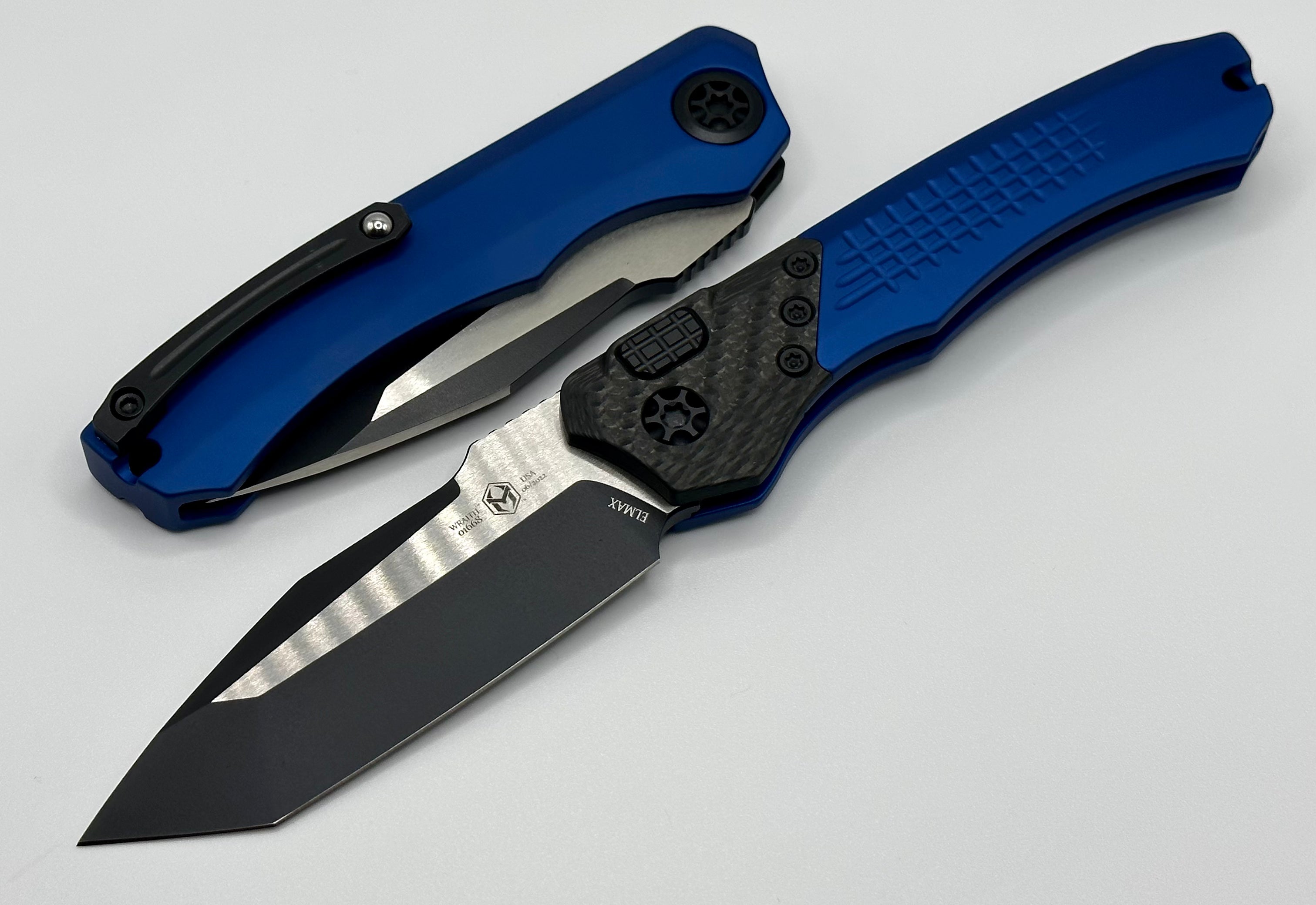 Heretic Knives Wraith Auto Two Tone Black Tanto - Premium Carbon Fiber & Blue Handle