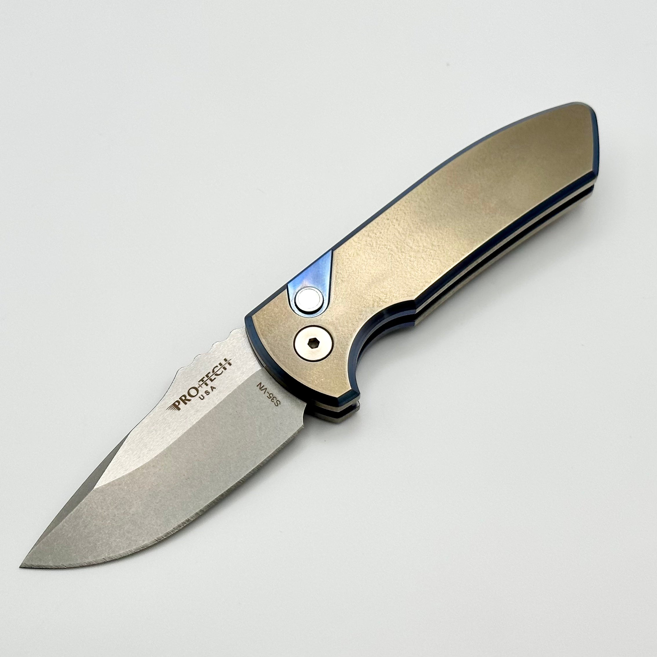 Ultimate Pro-Tech SBR Custom Knife - Premium Two-Tone Bronze/Blue Titanium Handle & Stonewash S35VN Blade