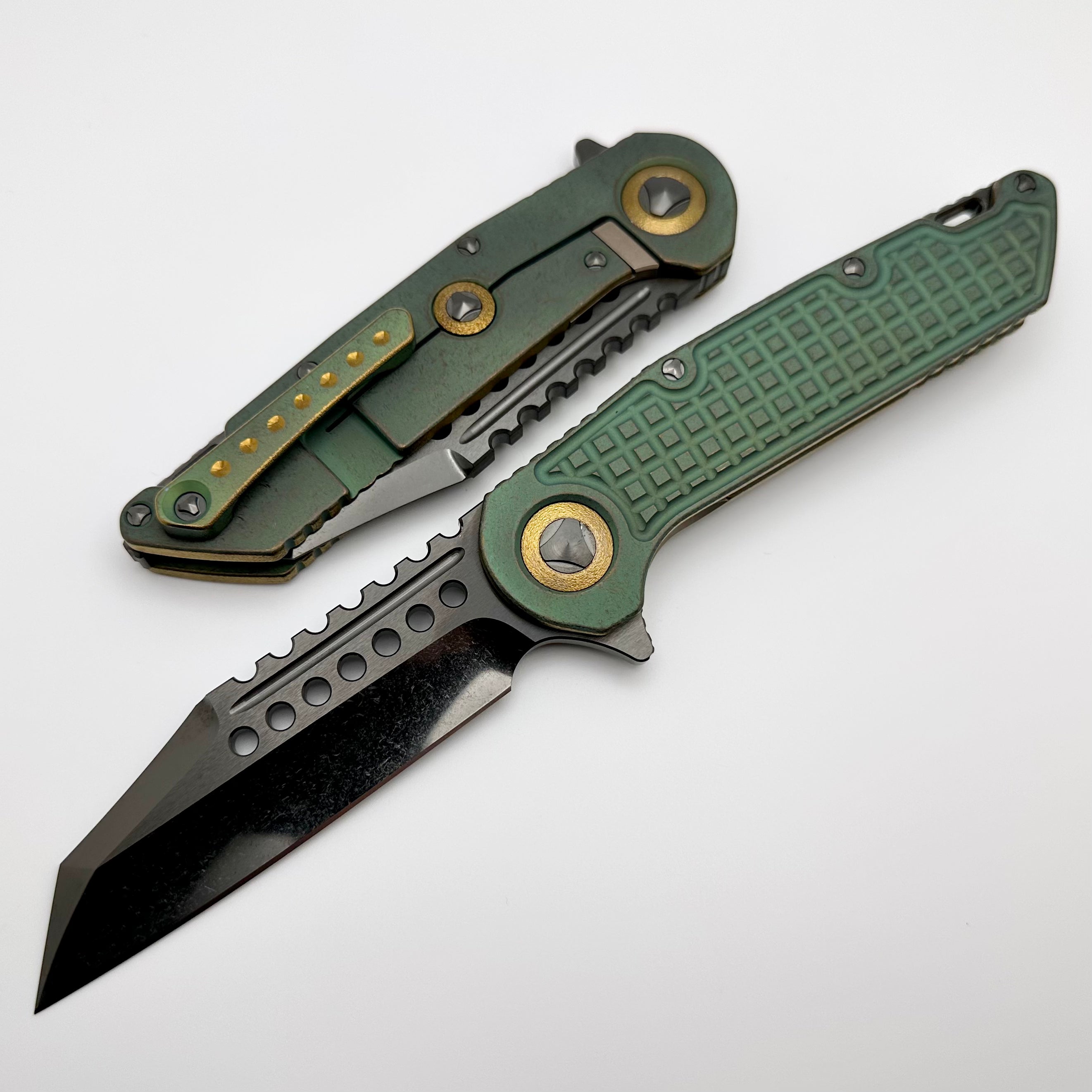 Marfione Custom Knives Warhound DLC: Ultimate Two-Tone Stonewash & Antique Green Titanium EDC Knife