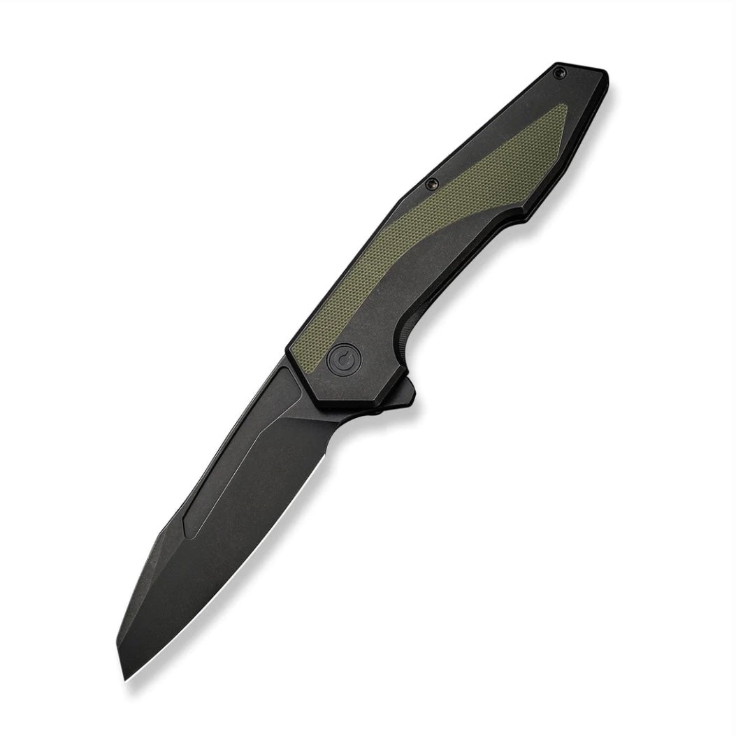 Civivi Hypersonic Flipper Knife - Premium Black Steel Handle with OD Green G-10 Inlays & Black Stonewash Blade