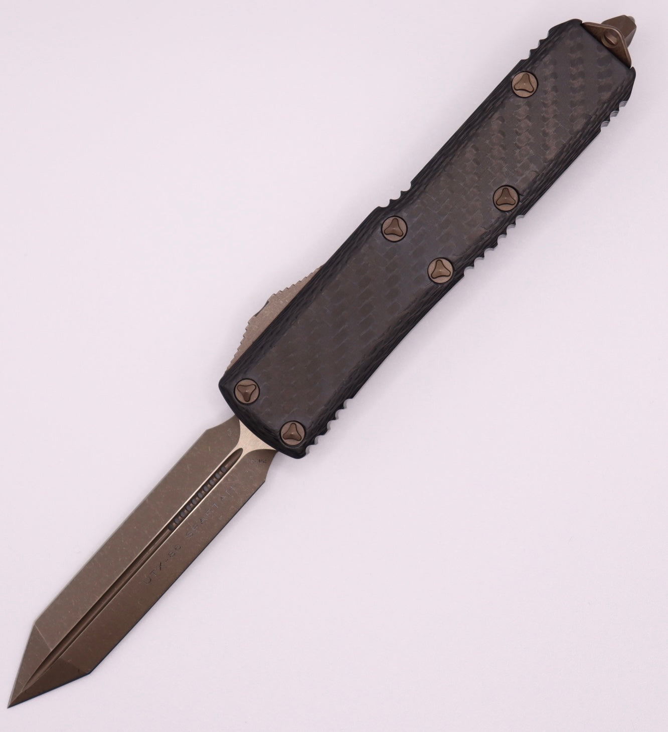 Premium Microtech UTX-85 Spartan Apocalyptic Bronze EDC Knife with Carbon Fiber Top