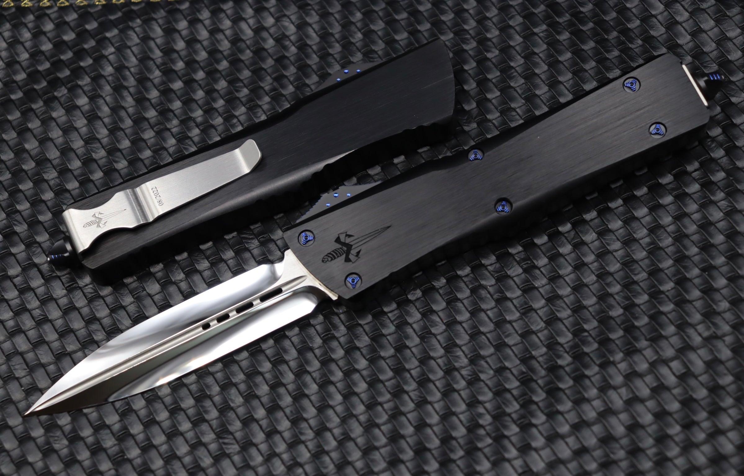 Premium Marfione Custom Combat Troodon Knife - Mirror Polish, Black Handle & Blue Ringed Hardware