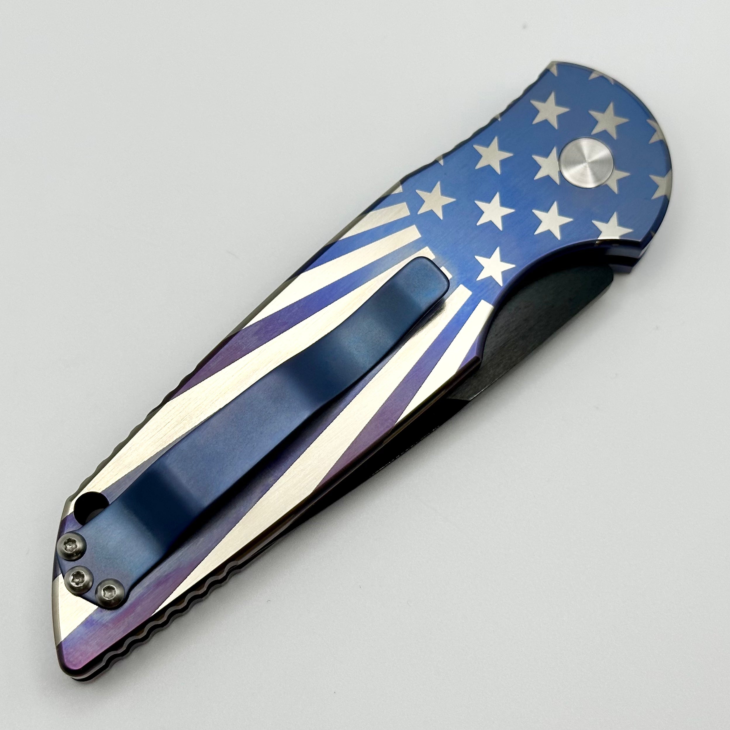 Pro-Tech TR-3 Patriotic Titanium Folding Knife - Premium Custom Design with Pearl Button & DLC Grind