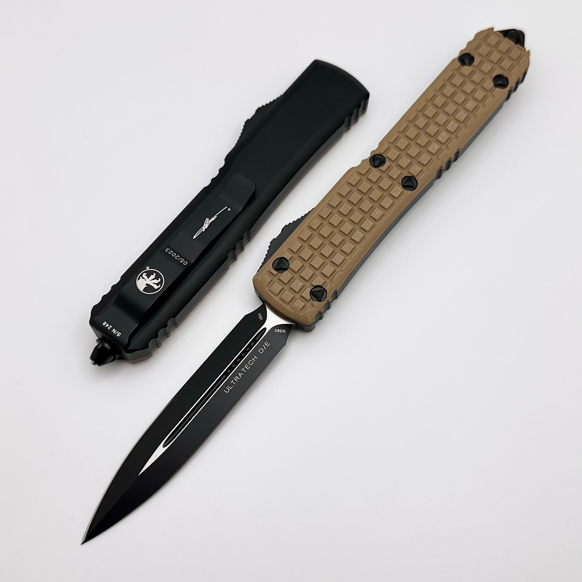 Microtech Ultratech Tactical OTF Knife - Premium Tan G-10 Handle & Double Edge Blade