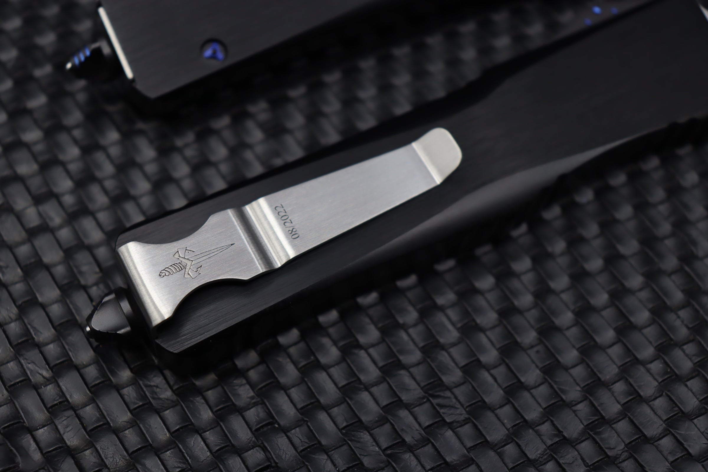 Premium Marfione Custom Combat Troodon Knife - Mirror Polish, Black Handle & Blue Ringed Hardware