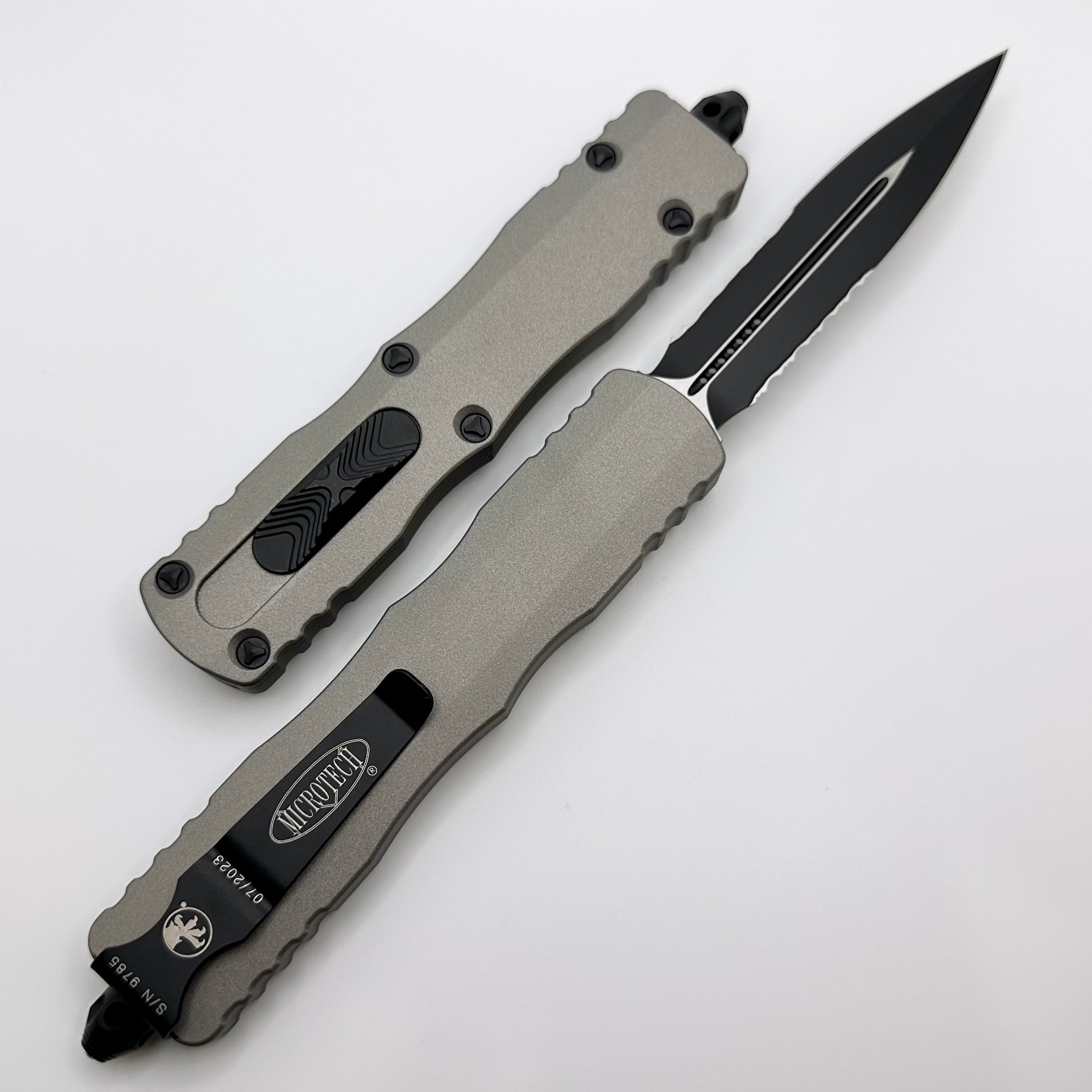 Microtech Dirac Delta Premium OTF Knife - Double Edge, Partial Serrated, Titanium Gray