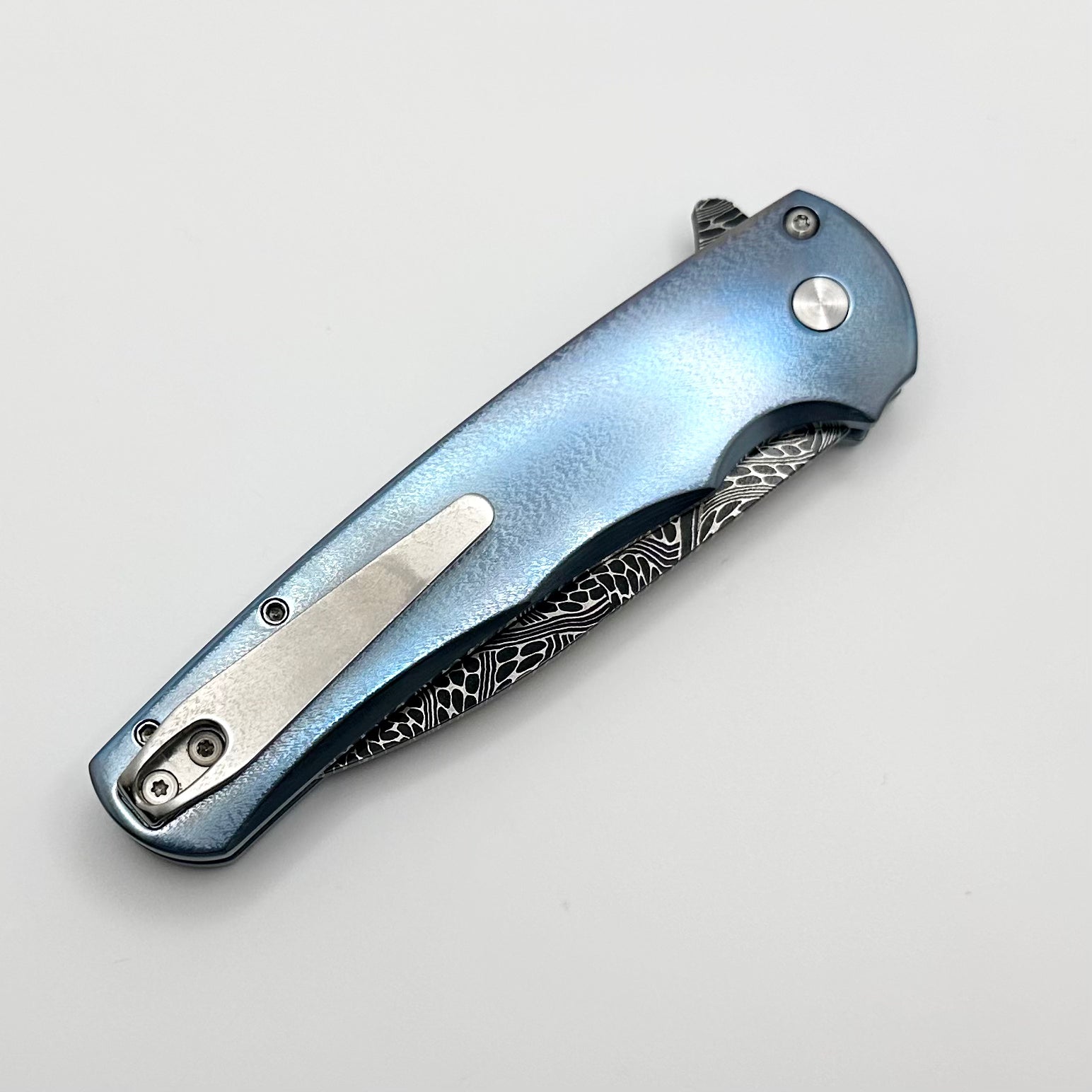 Pro-Tech Malibu Titanium Knife | Premium Blue Anodized Handle with Pearl Inlays & Chad Nichols Damascus Blade