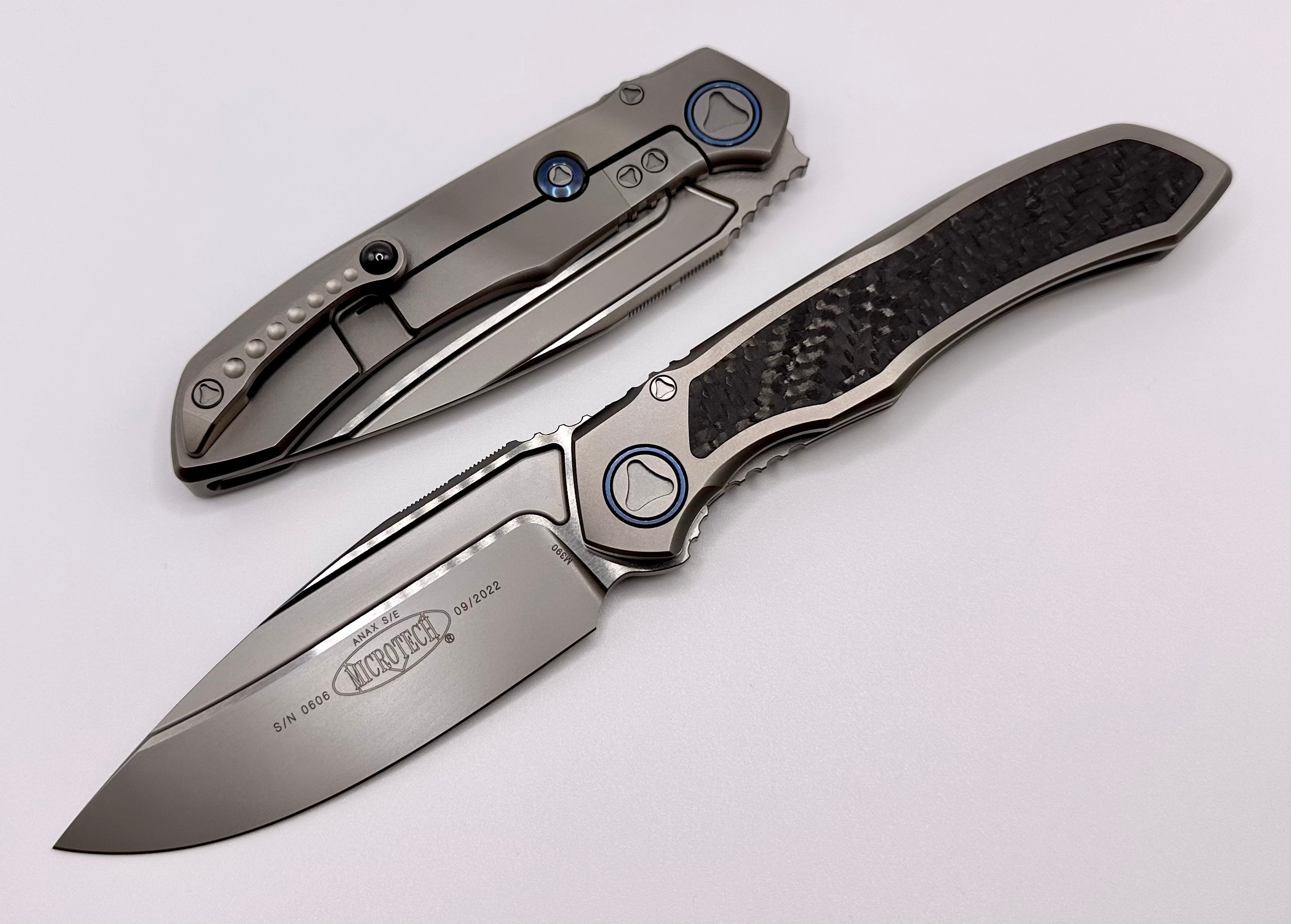 Premium Microtech ANAX Titanium Folding Knife with Carbon Fiber Inlay & Blue Titanium Accents