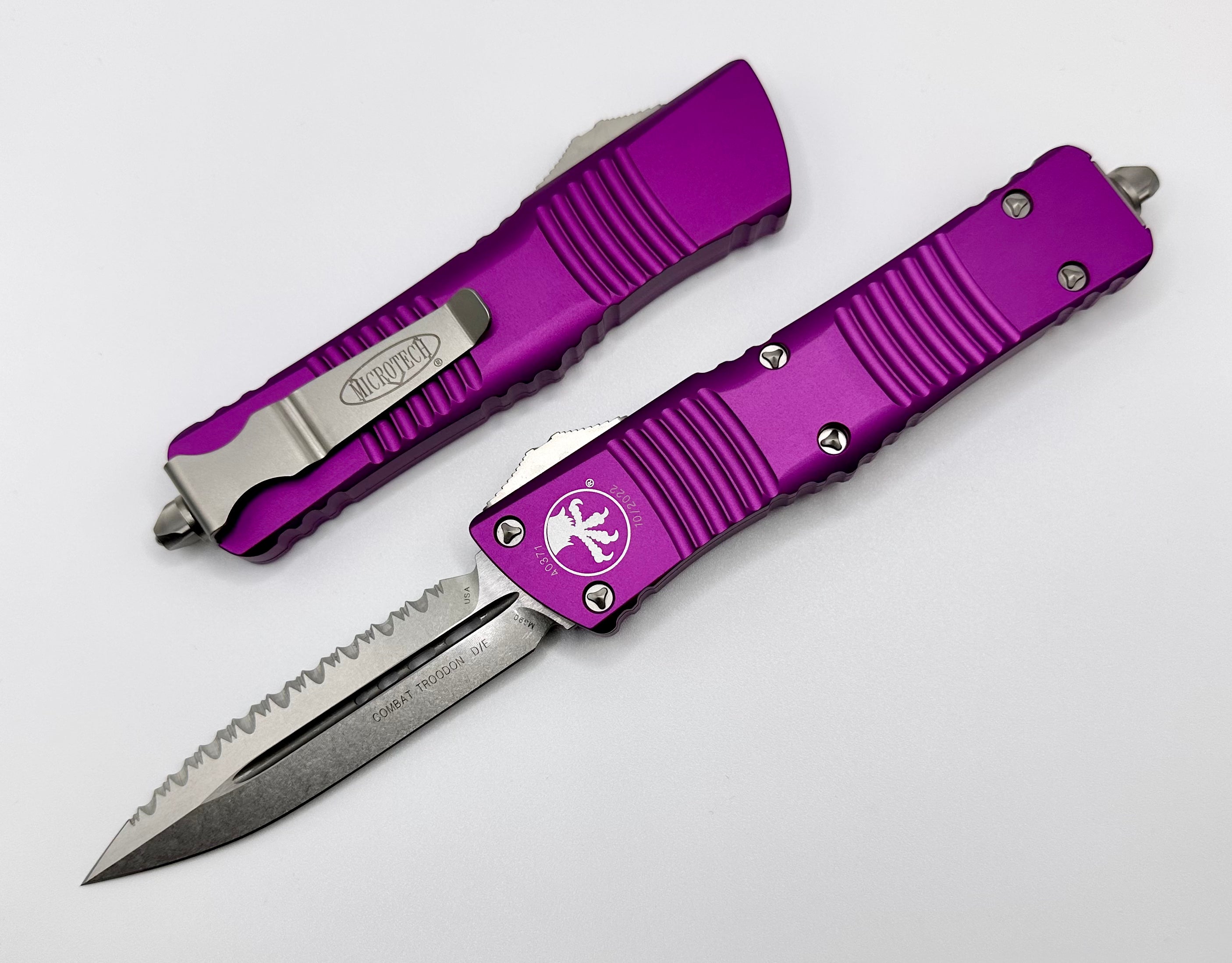 Microtech Combat Troodon Premium Tactical Knife - Violet Double Edge Stonewash Full Serrated