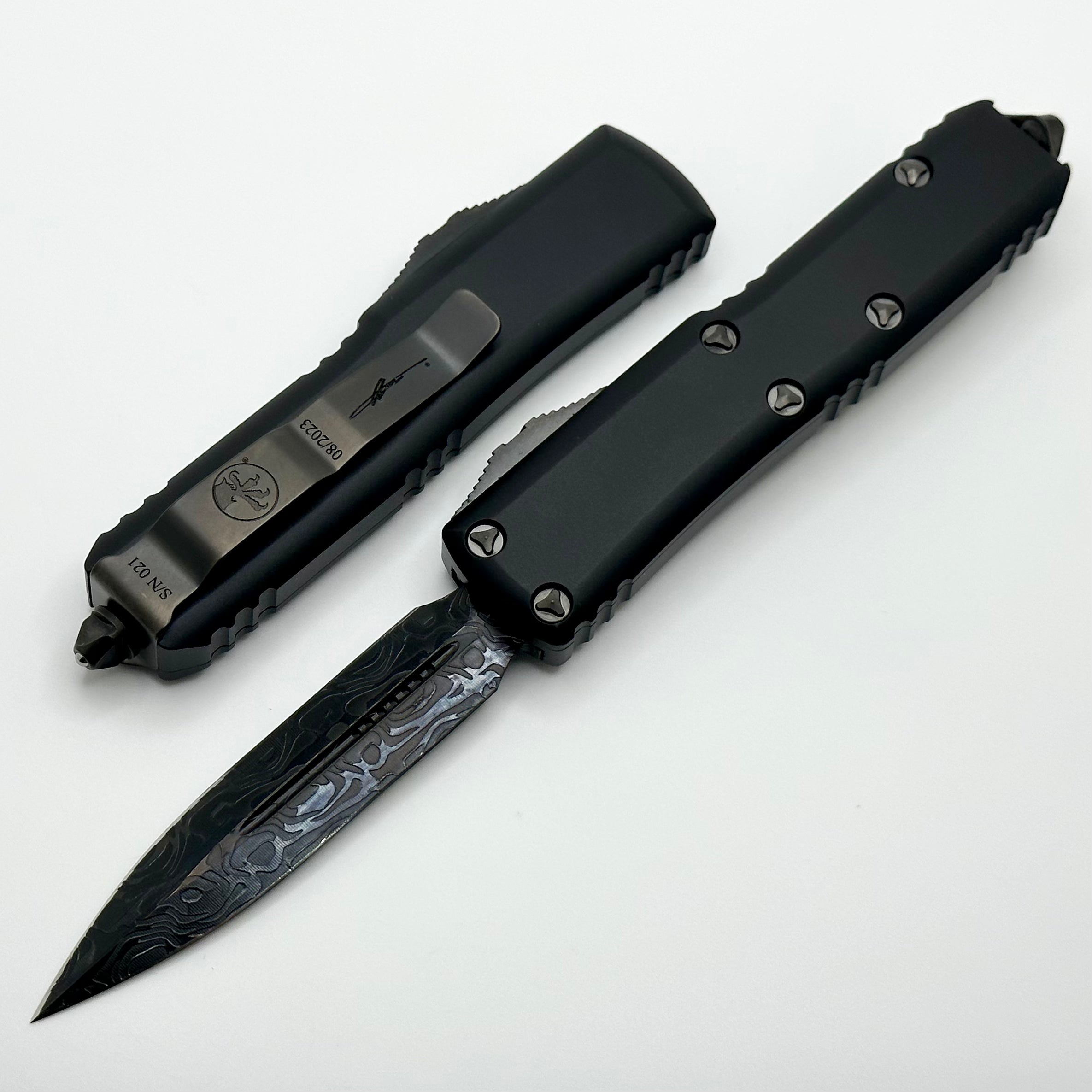 Microtech UTX-85 Double Edge Damascus DLC Shadow Series - Ultimate EDC Knife