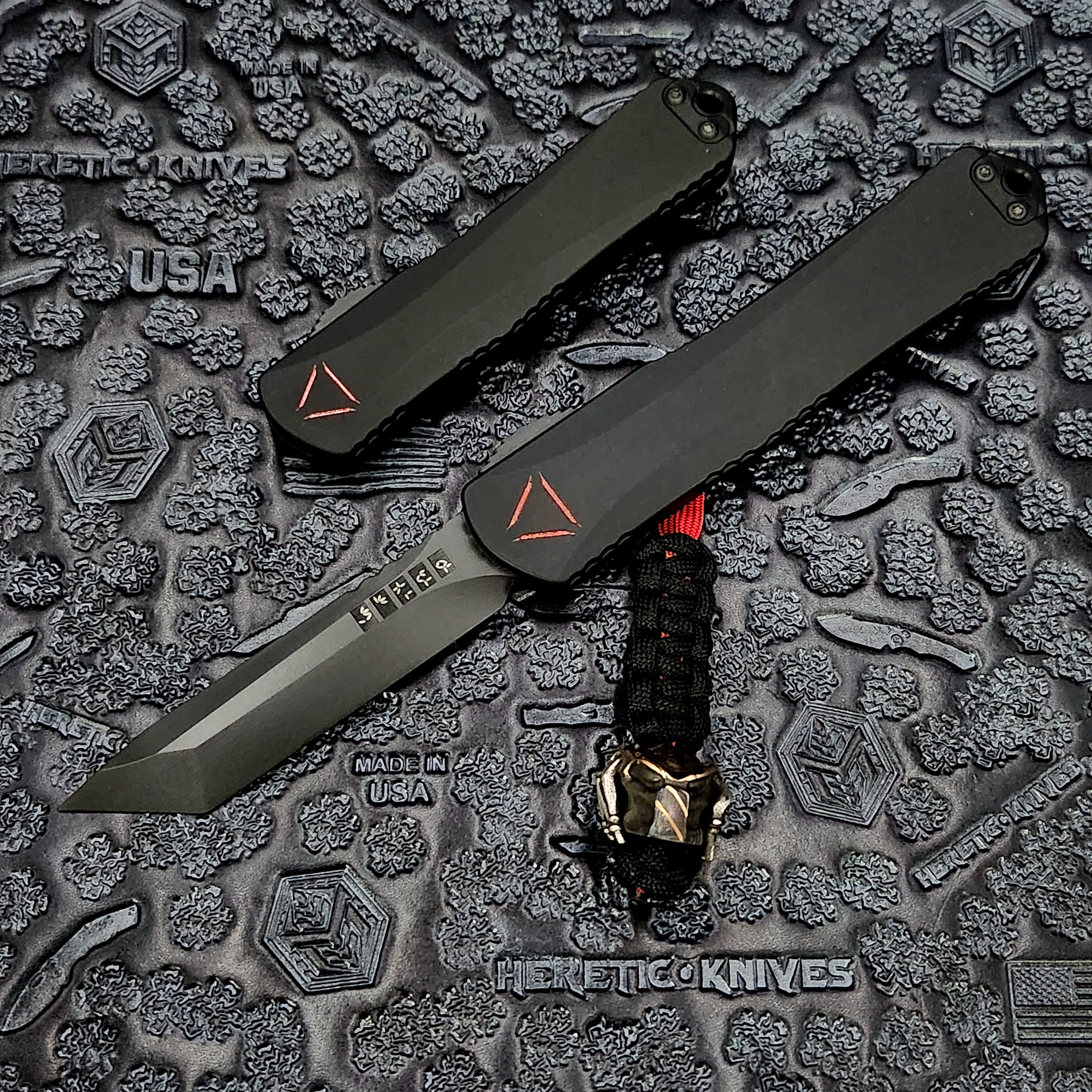 Heretic Knives Manticore X Black Predator - Premium Tanto MagnaCut Blade with Red Reticle & Silver/Copper Bead