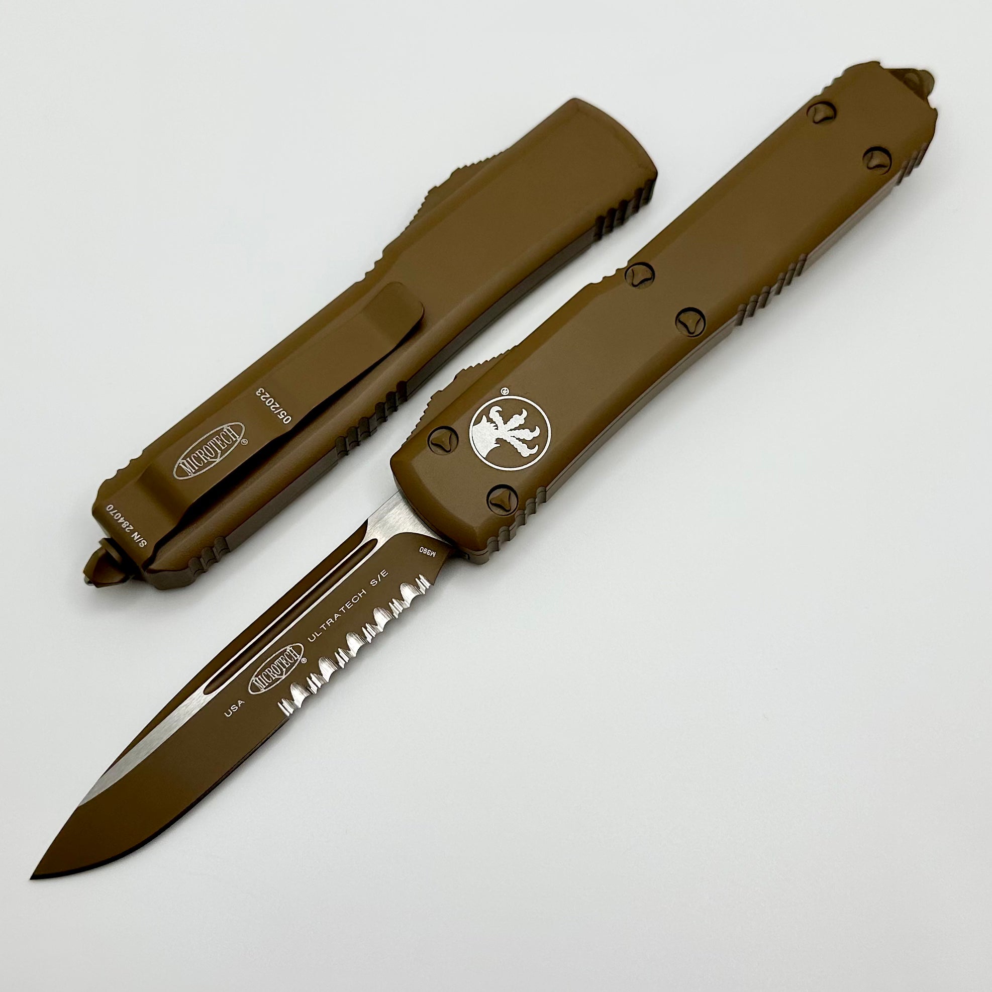 Microtech Ultratech Premium Cerakote Tan OTF Knife with Partial Serrated Edge