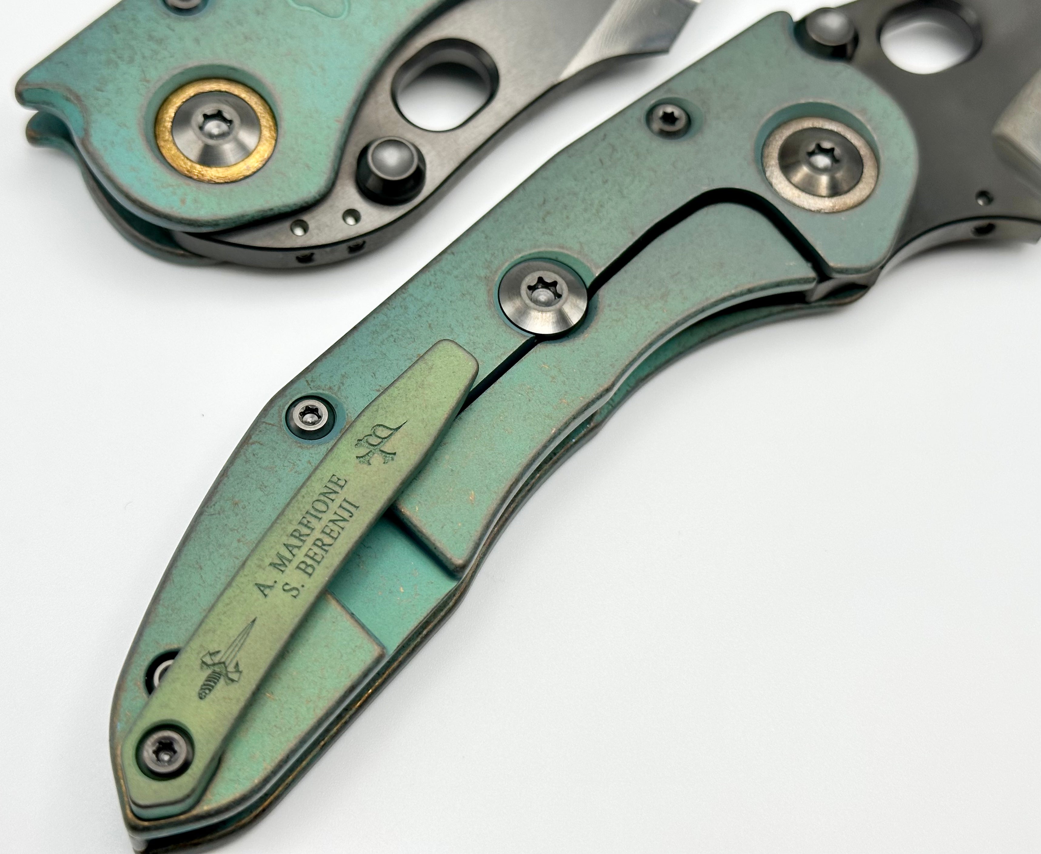 Premium Marfione Custom Knives & Borka Blades Antique Green Lucky Stitch Trit Inlaid with DLC Cracked Diamond Wash Double Star Grind M390 & Engraved Titanium