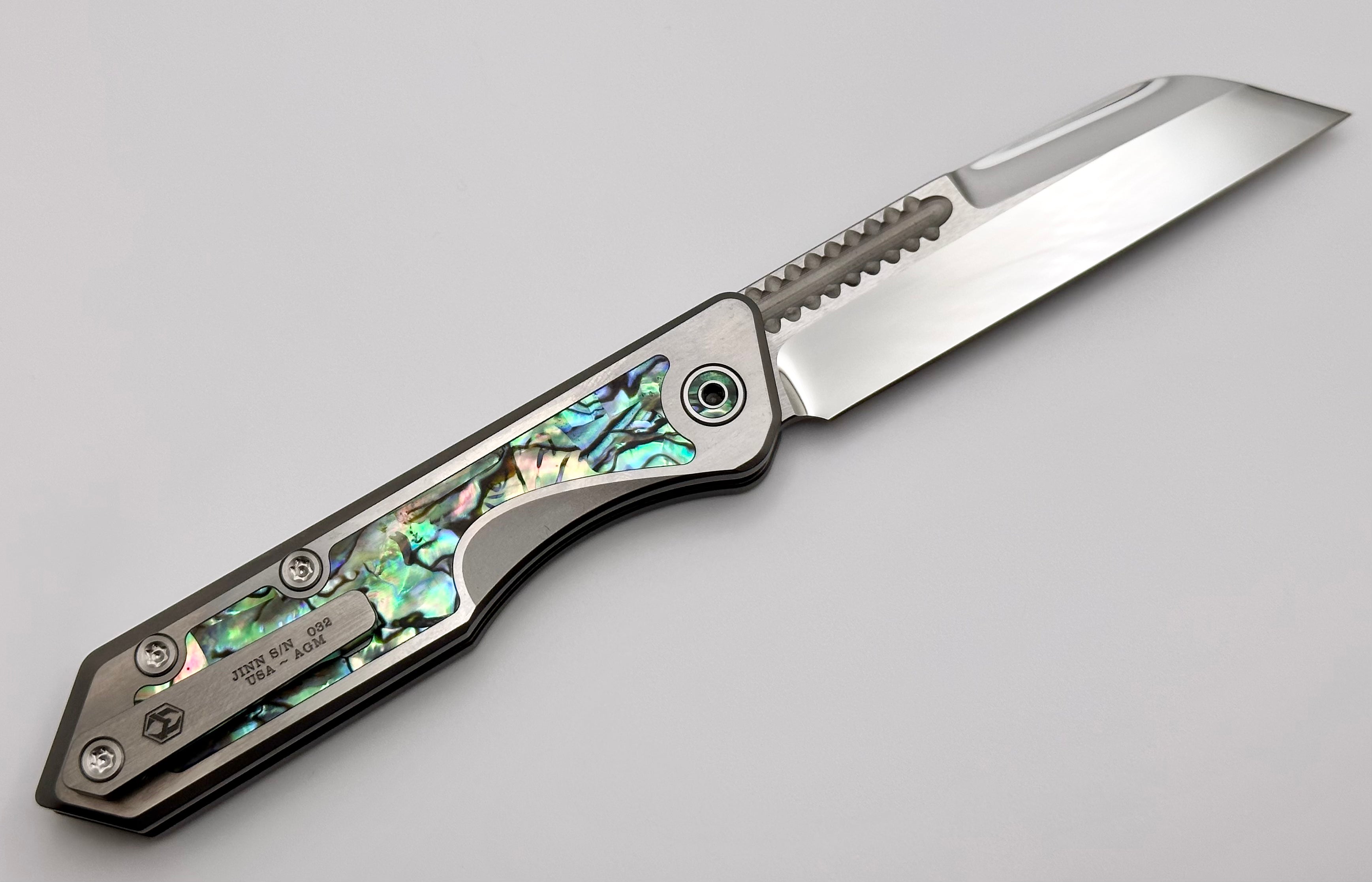 Heretic Knives Jinn Custom Titanium Folding Knife - Premium Abalone Inlay & Mirror Polished Elmax Blade