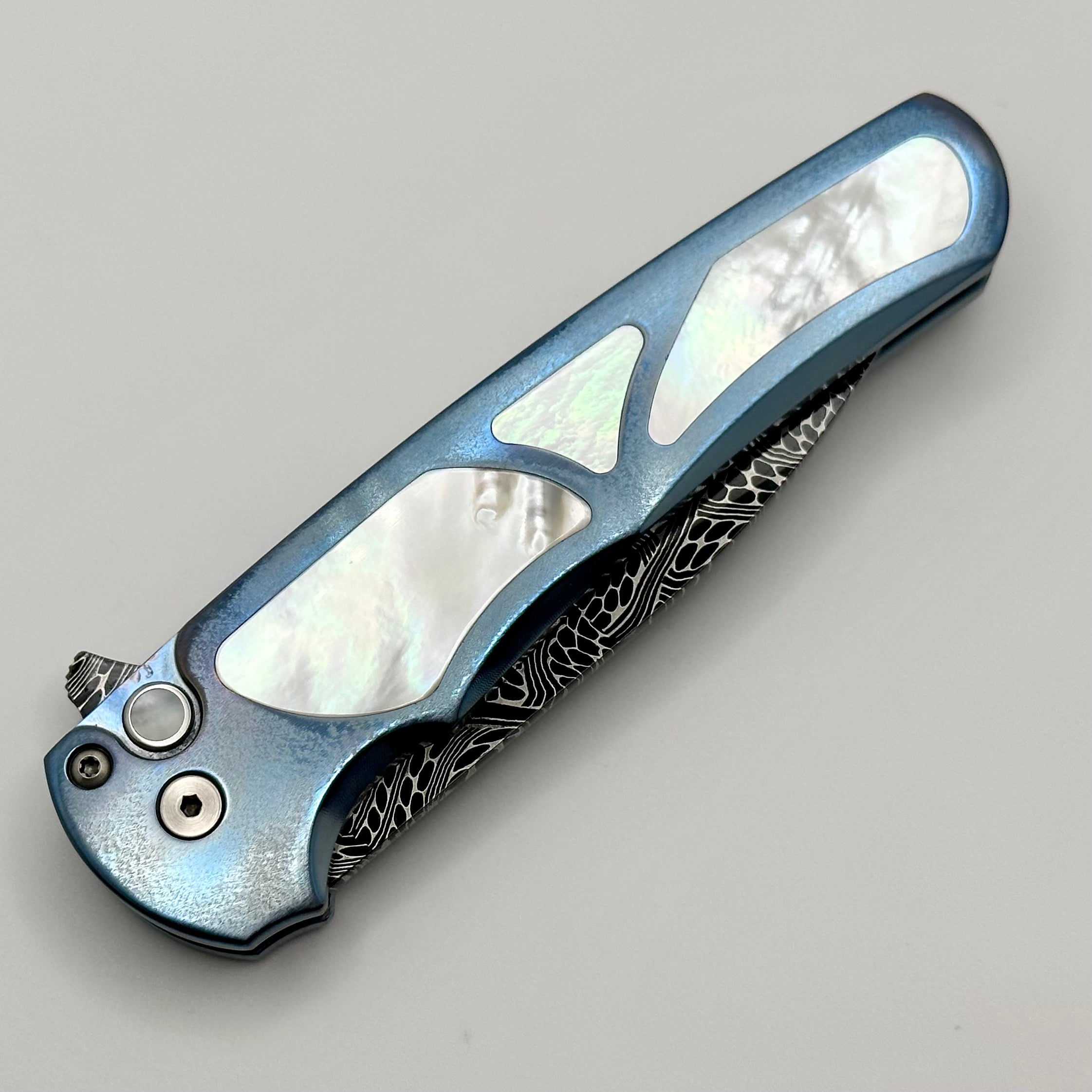 Pro-Tech Malibu Titanium Knife | Premium Blue Anodized Handle with Pearl Inlays & Chad Nichols Damascus Blade