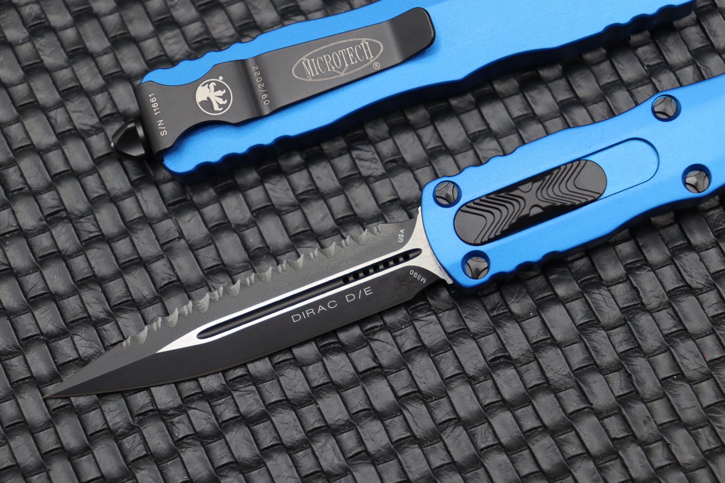 Microtech Dirac Premium Double Edge Serrated Tactical Knife - Blue