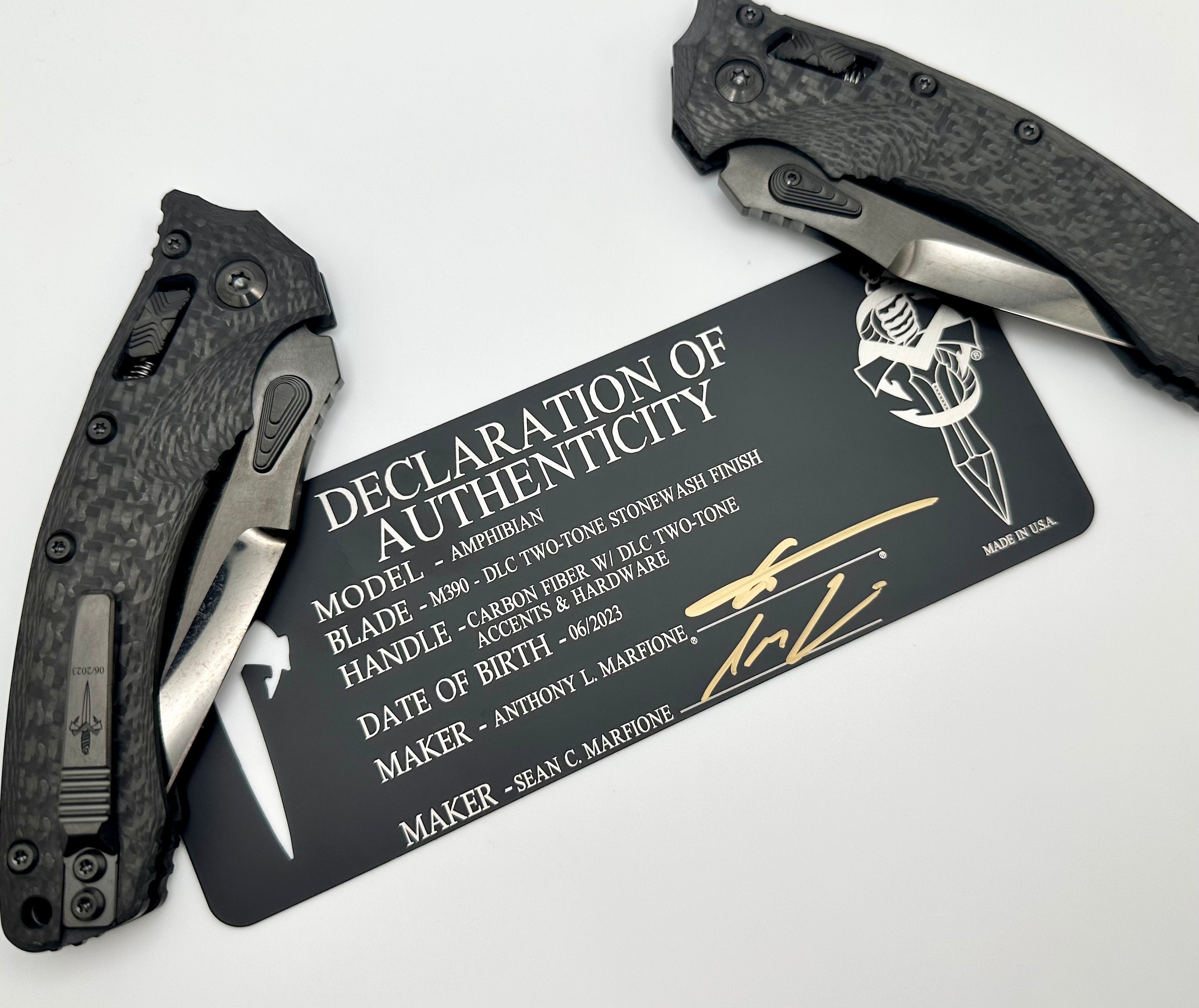 Marfione Custom Amphibian RAM-LOK Knife - Premium DLC Two Tone Stonewash M390 Blade & Carbon Fiber Handles