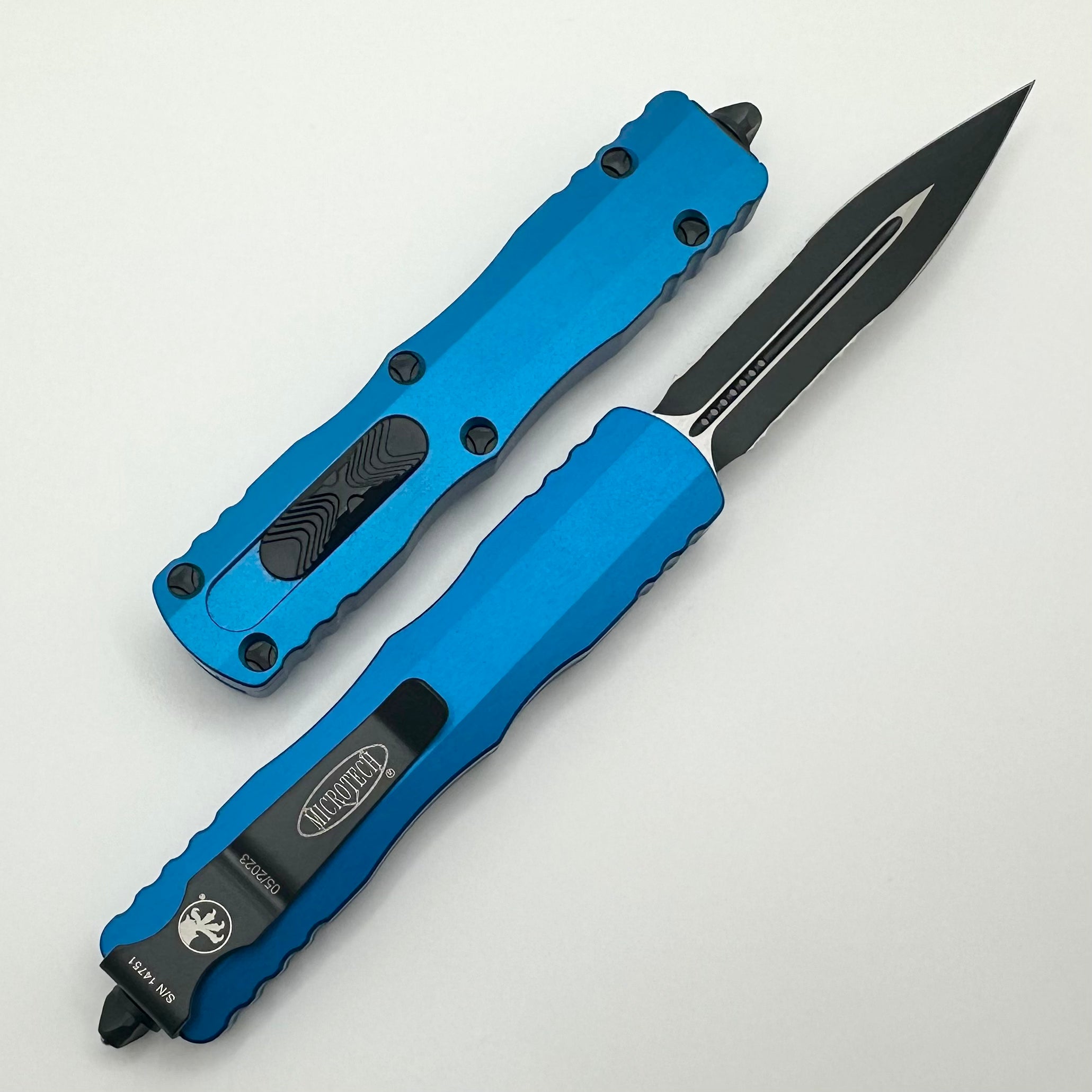 Microtech Dirac Premium Double Edge Tactical Knife - Black Partial Serrated & Blue