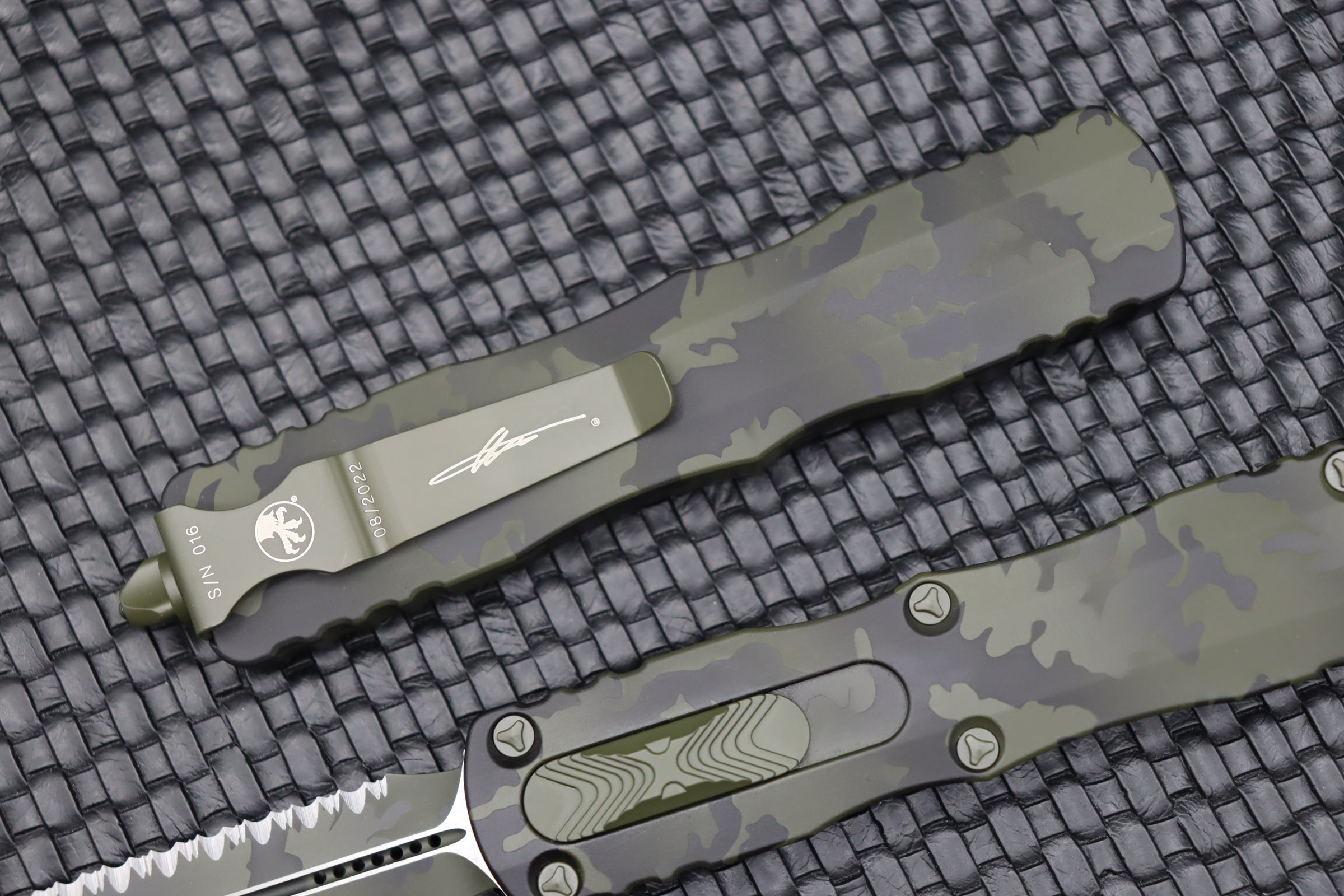 Microtech Dirac Delta Olive Camo Double Edge Fully Serrated Tactical Knife