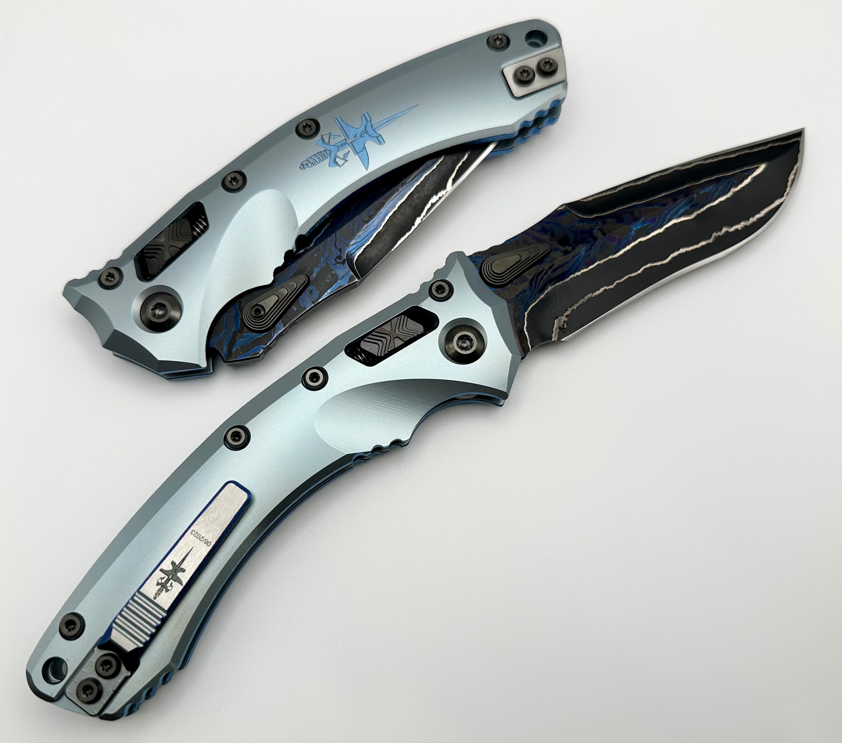 Marfione Custom Knives Amphibian RAM-LOK Metroid Broken Anvil Damascus & Ice Blue Stippled Titanium Dagger