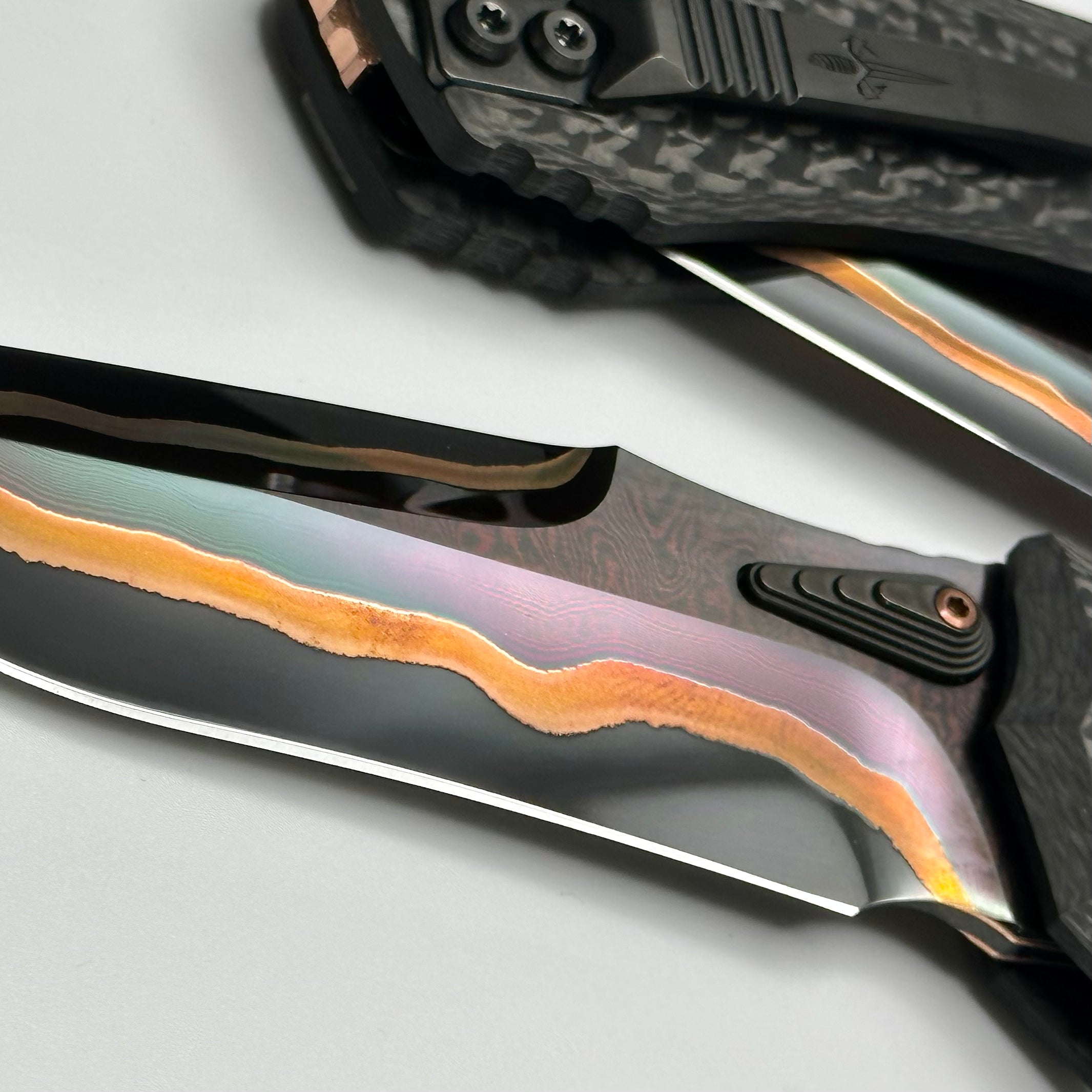 Premium Marfione Custom Amphibian RAM-LOK Knife: Hot Blued Tiger Mai Damascus & Carbon Fiber Handles