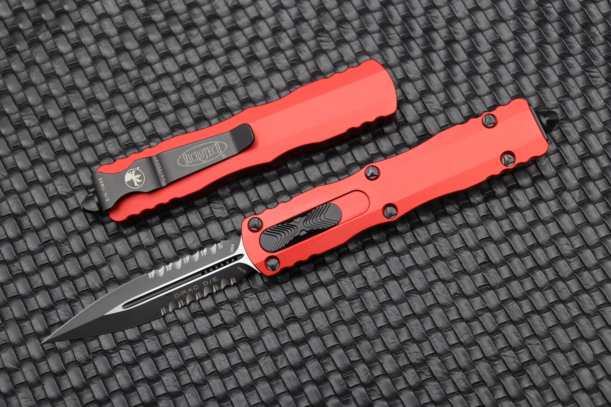Premium Microtech Dirac D/E Partial Serrated Knife with Red Handle