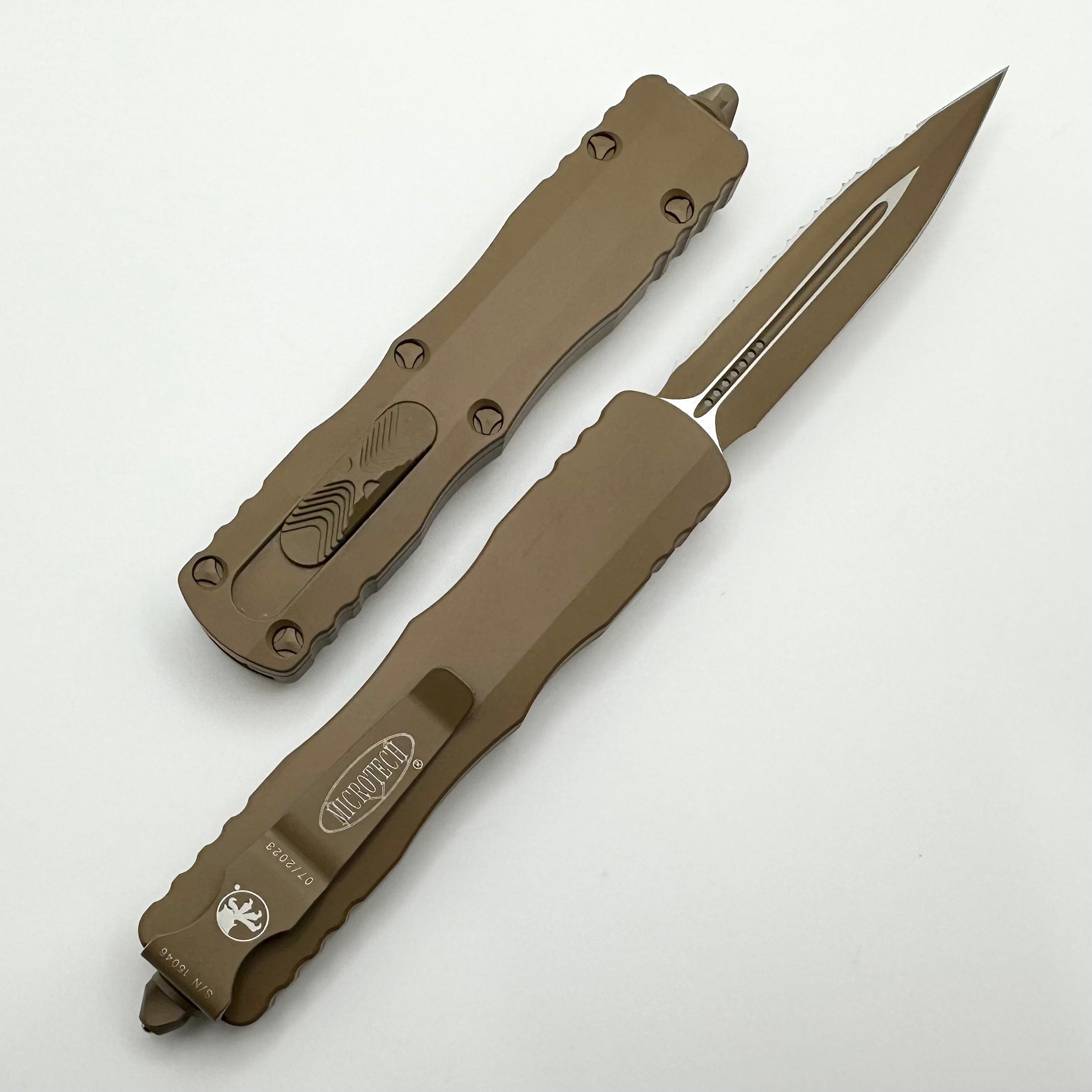 Premium Microtech Dirac Cerakote Tan Double Edge Full Serrated Knife - Ultimate Everyday Carry