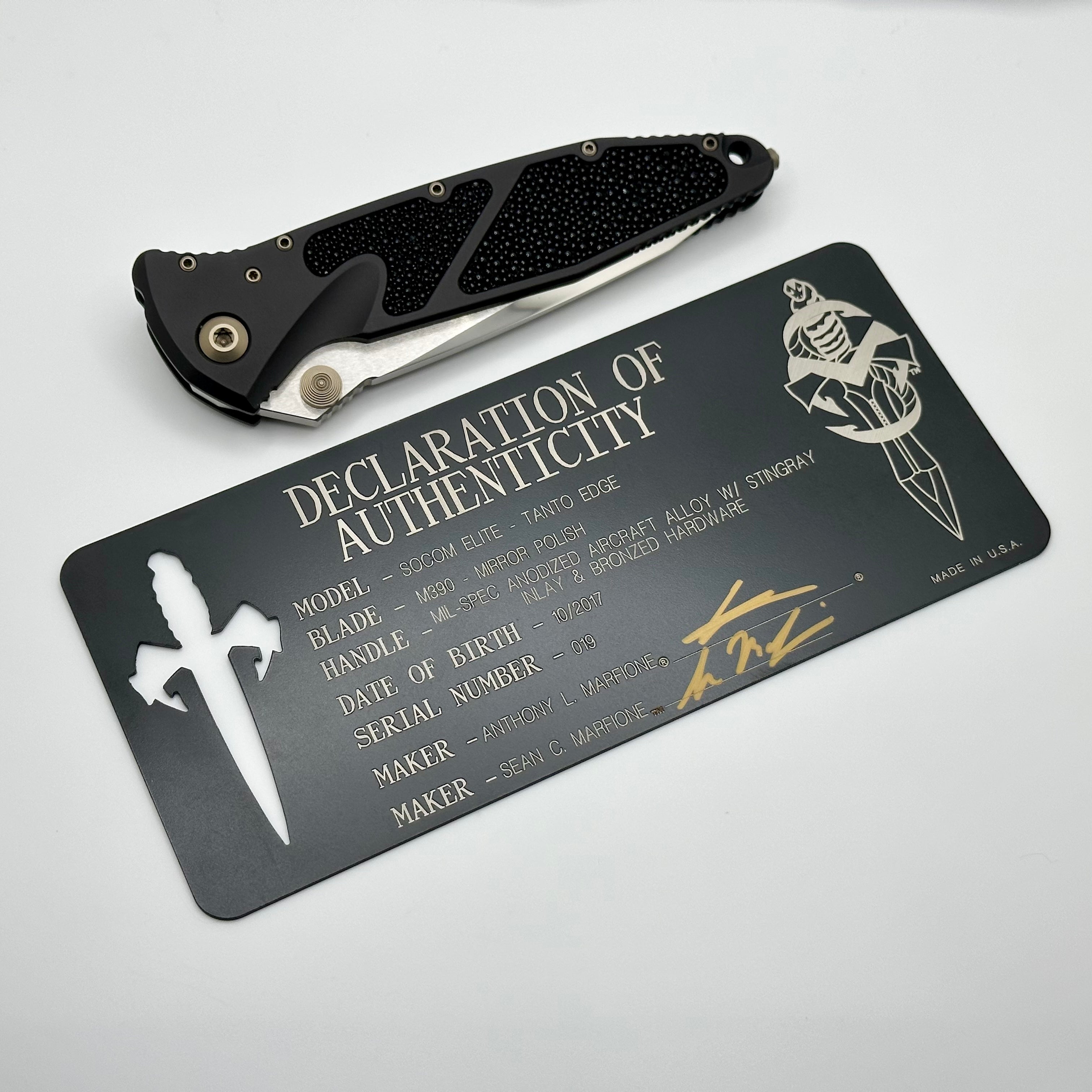 Premium Marfione Custom Socom Elite M/A Tanto Knife - Mirror Polished with Stingray Inlay & Bronze Hardware (Pre-Owned)