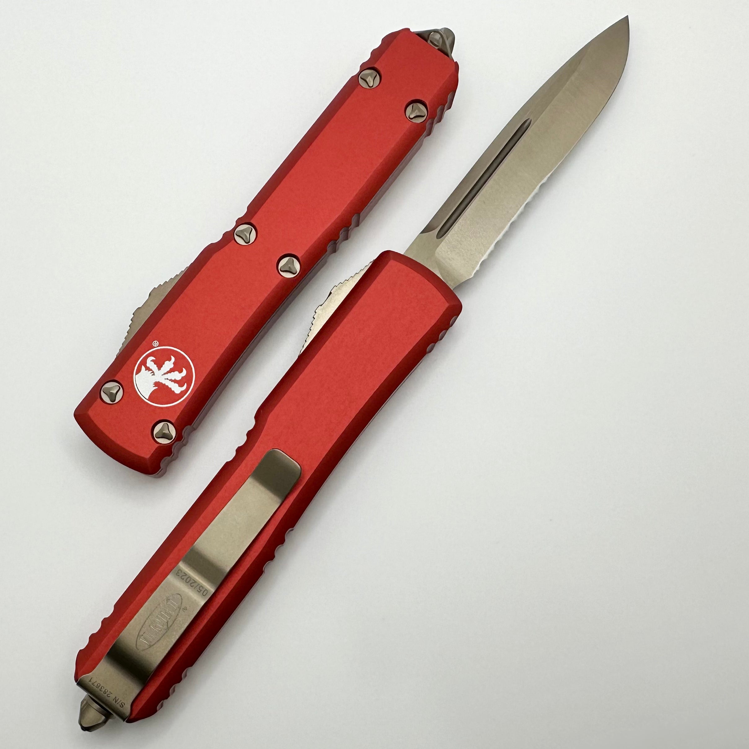 Premium Microtech Ultratech OTF Knife - Bronze Partial Serrated & Red Handle