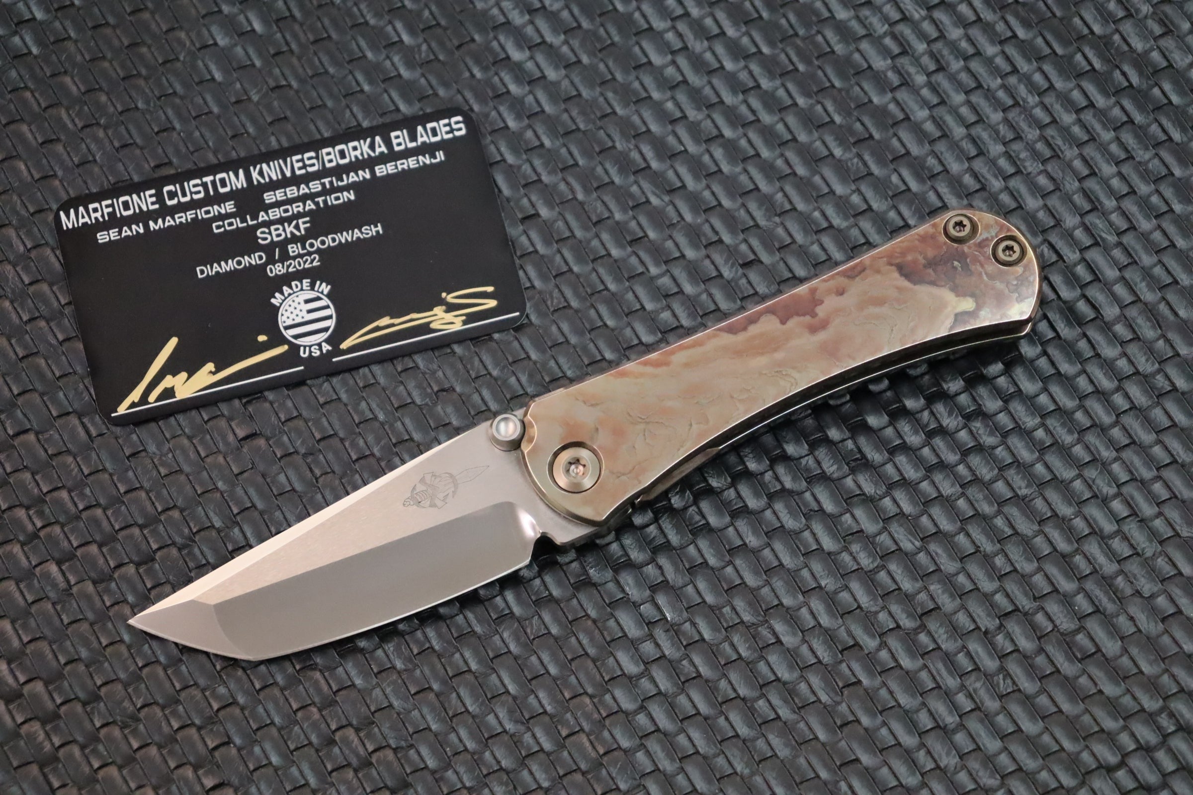 Premium Marfione x Borka Blades SBTF Collaboration Knife - Diamond Polished M390 Blade & Bloodwash Scales