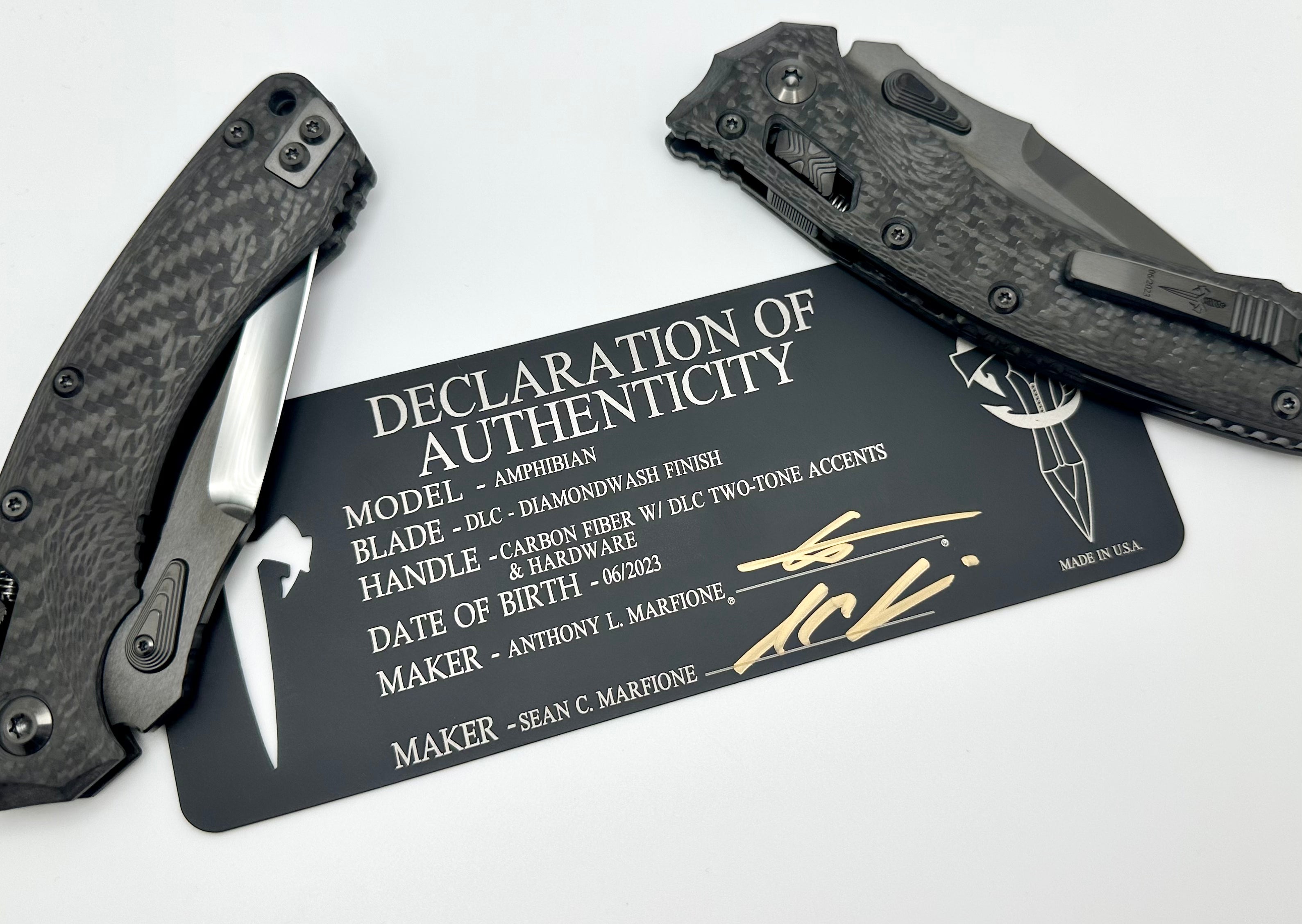 Marfione Custom Knives Amphibian RAM-LOK DLC Diamondwash M390 & Carbon Fiber Handles - Ultimate Tactical Precision