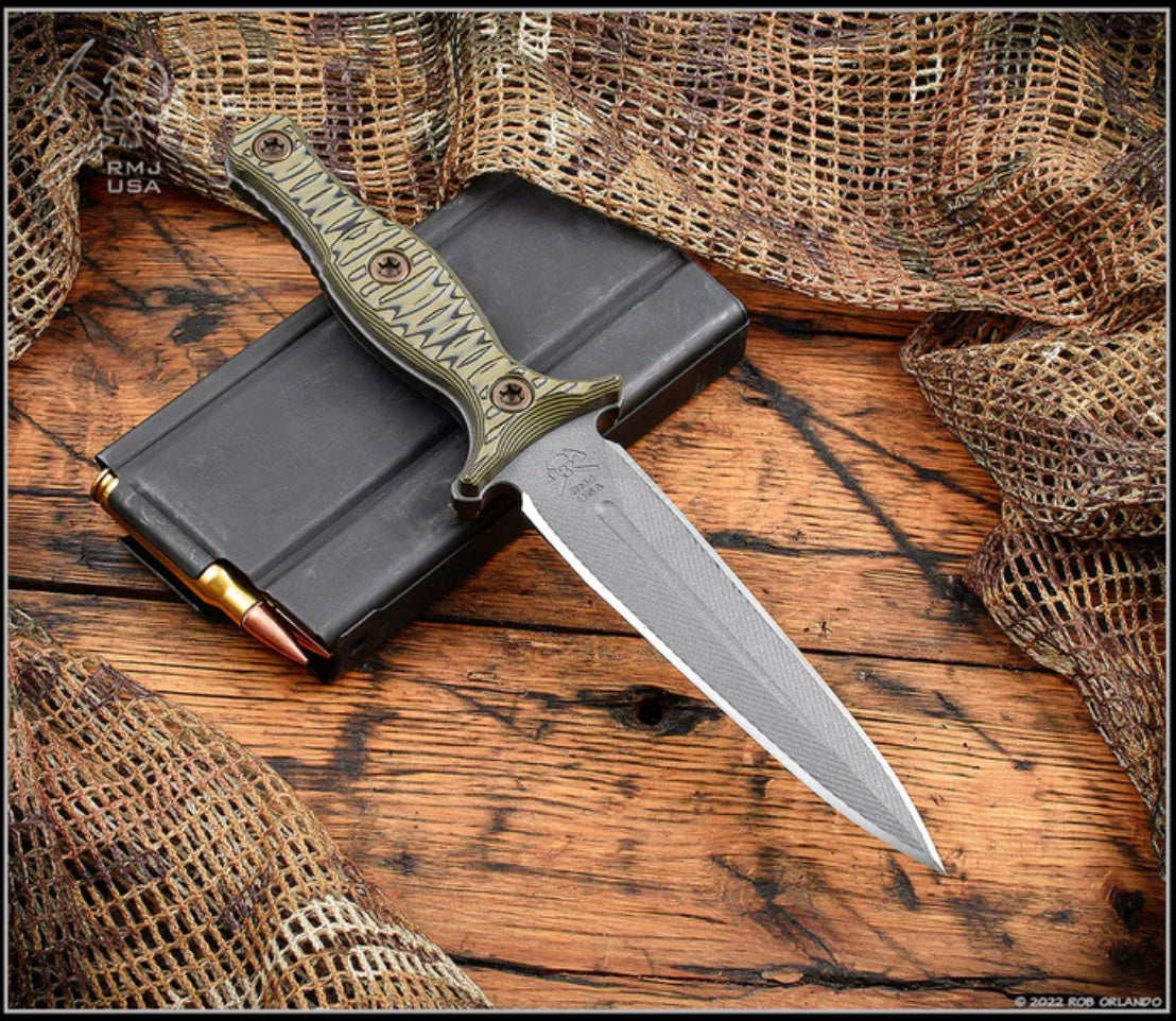 RMJ Tactical Raider Dagger 3V Fixed Blade - Premium Tactical Knife with Dirty Olive G-10 Handle & Kydex Sheath