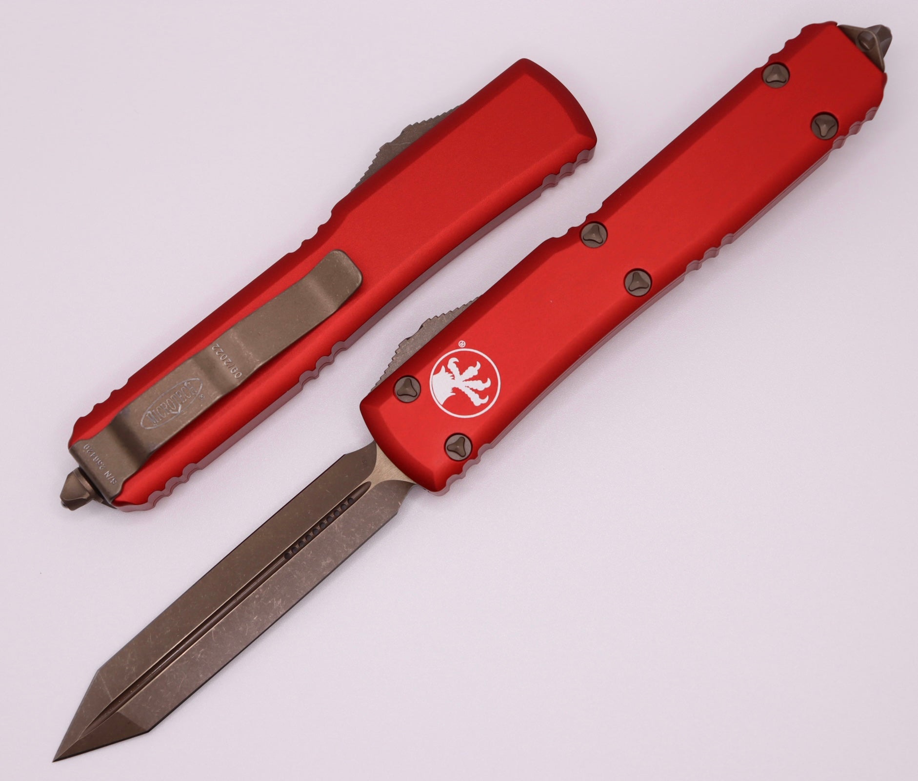 Microtech Ultratech Spartan Bronzed Apocalyptic Knife with Red Accents - Ultimate OTF Blade