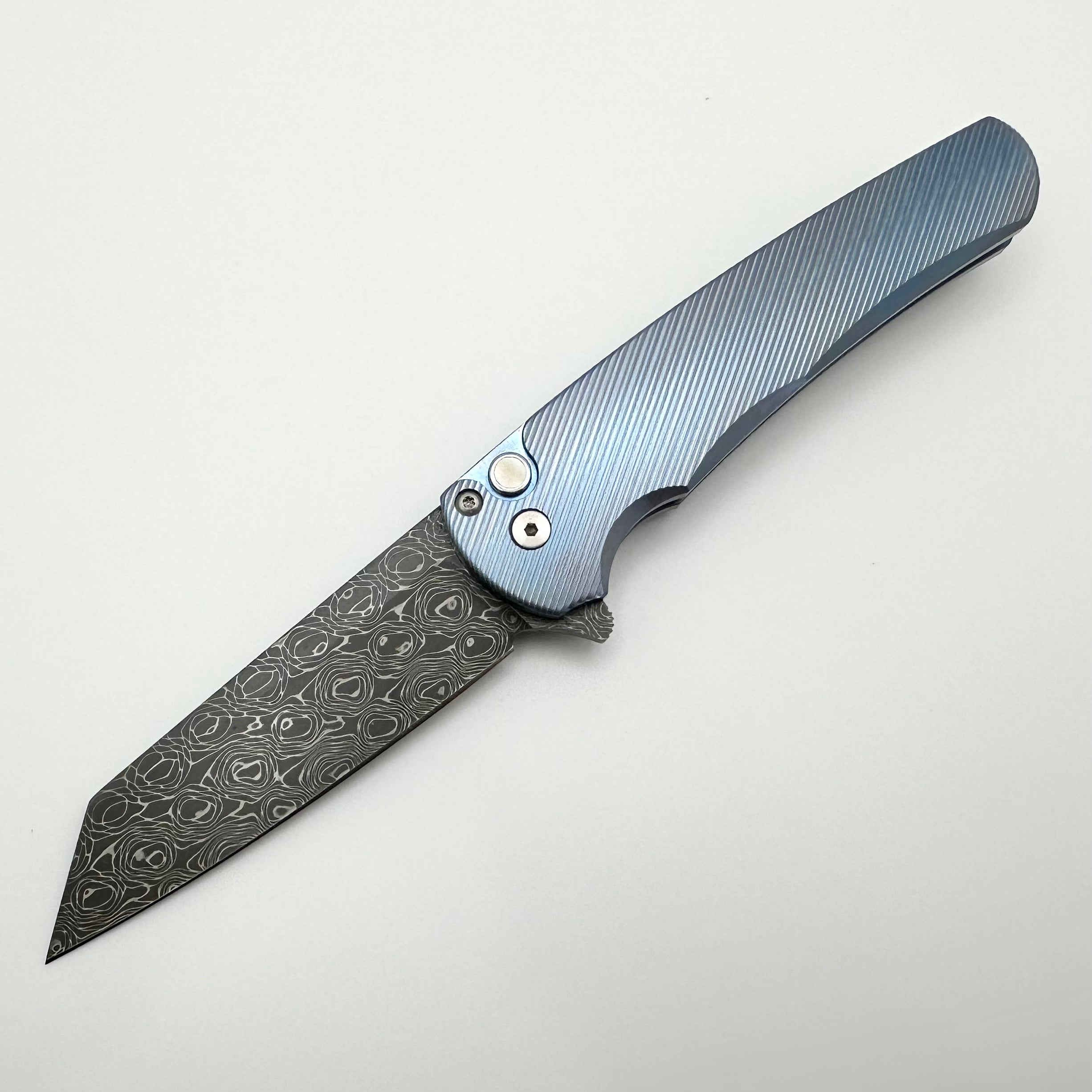 Pro-Tech Malibu Ultimate Custom Knife: Blue Titanium Handle with Pearl Button & Vegas Forge Damascus Blade