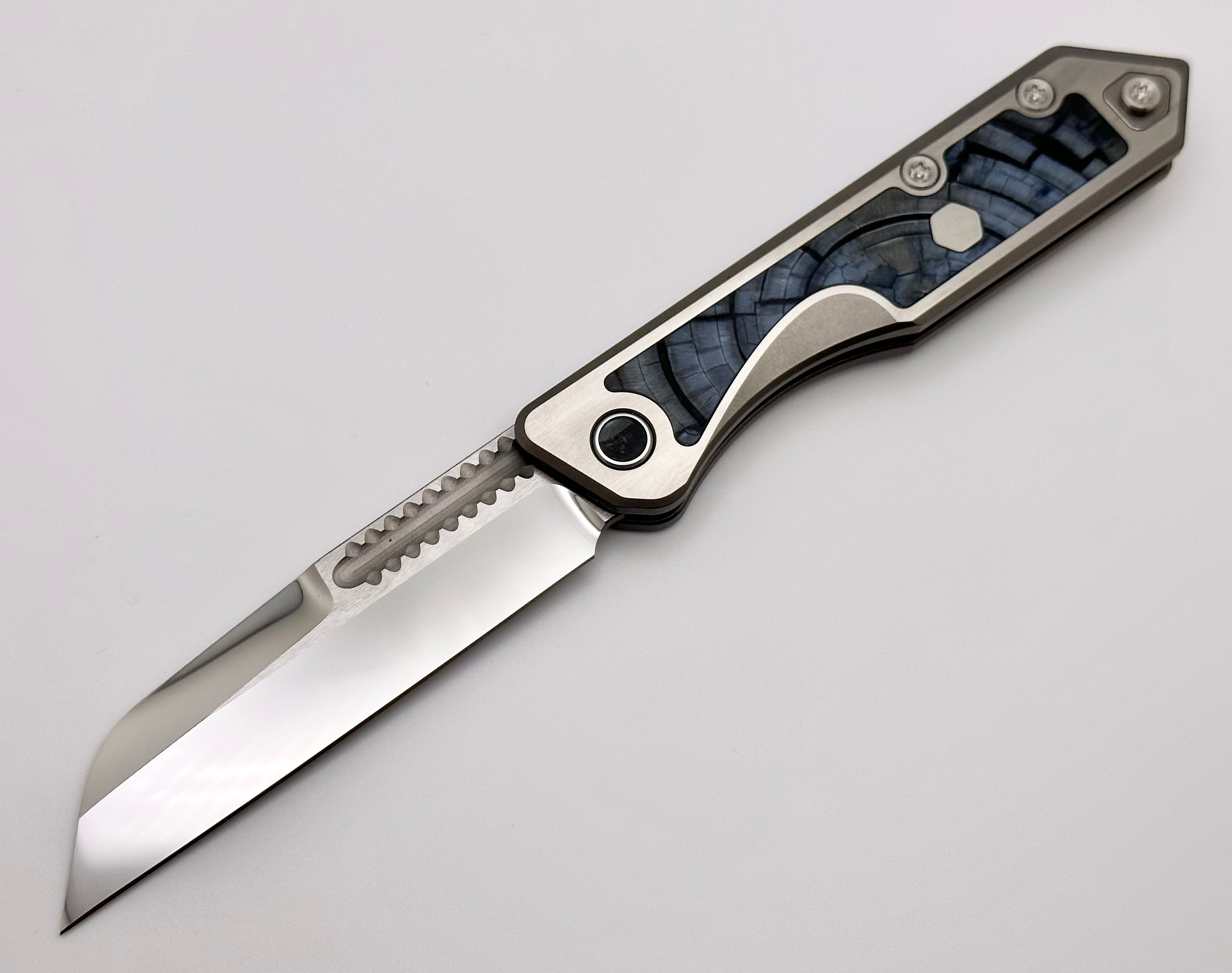 Premium Heretic Knives Jinn Custom Titanium Folding Knife with Mammoth Inset & Mirror Polished Elmax Blade