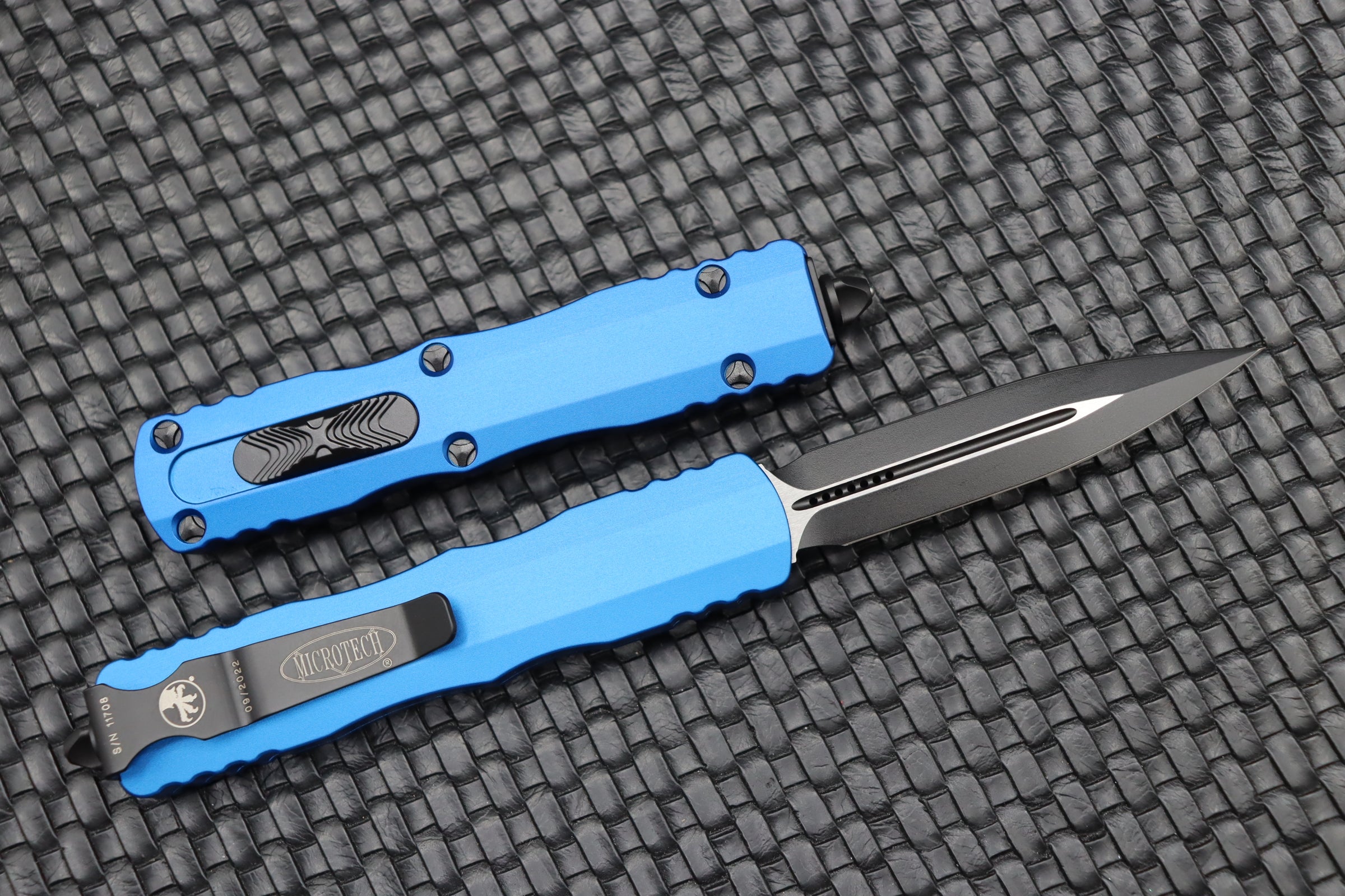 Microtech Dirac Double Edge Tactical Knife - Black & Blue OTF Design