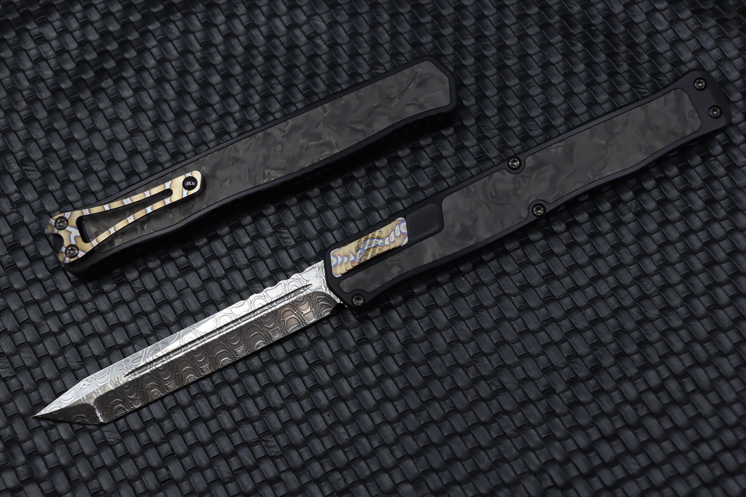 Premium Heretic Knives Cleric II: Ultimate Damascus Tanto with Marble Carbon Fiber Inlays & Flamed Accents