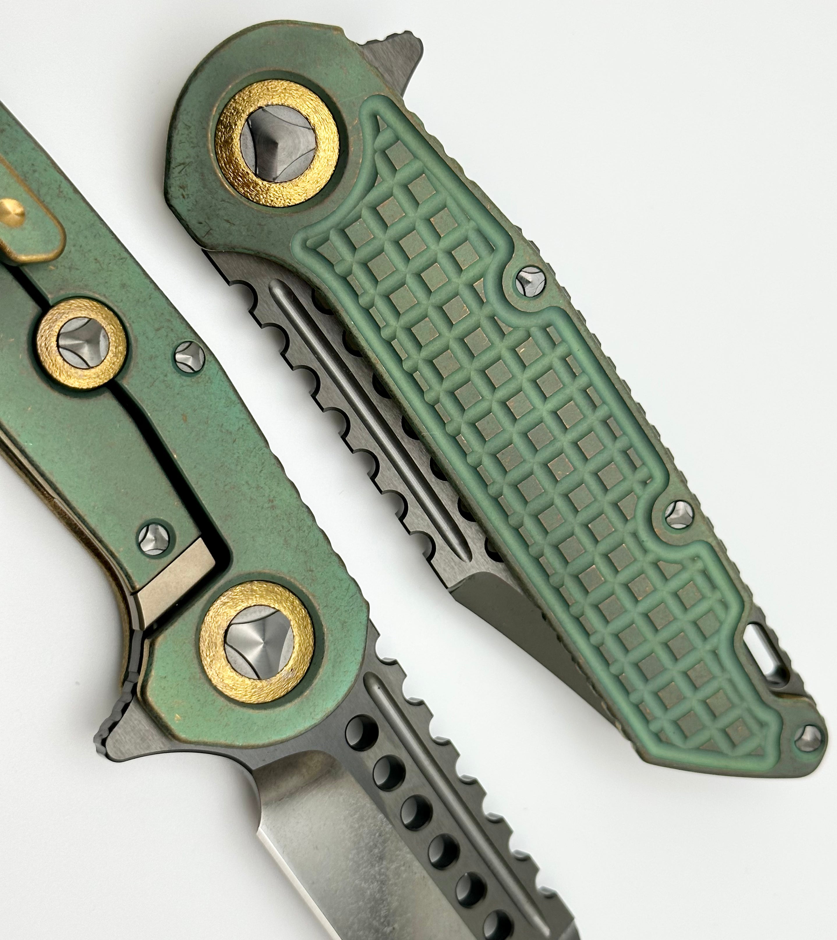 Marfione Custom Knives Warhound DLC: Ultimate Two-Tone Stonewash & Antique Green Titanium EDC Knife