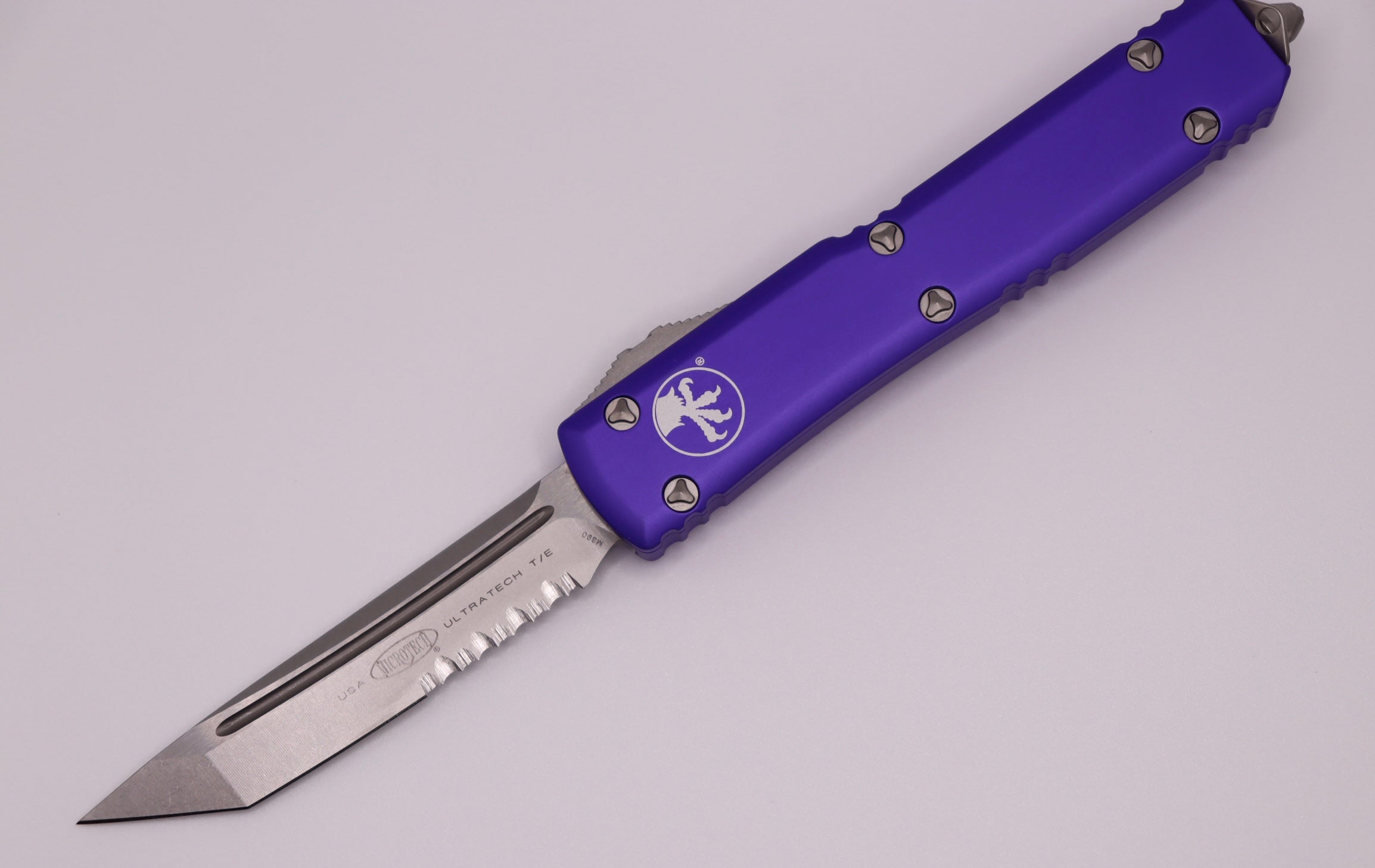 Premium Microtech Ultratech Tanto Knife - Stonewash Partial Serrated Blade & Purple Handle