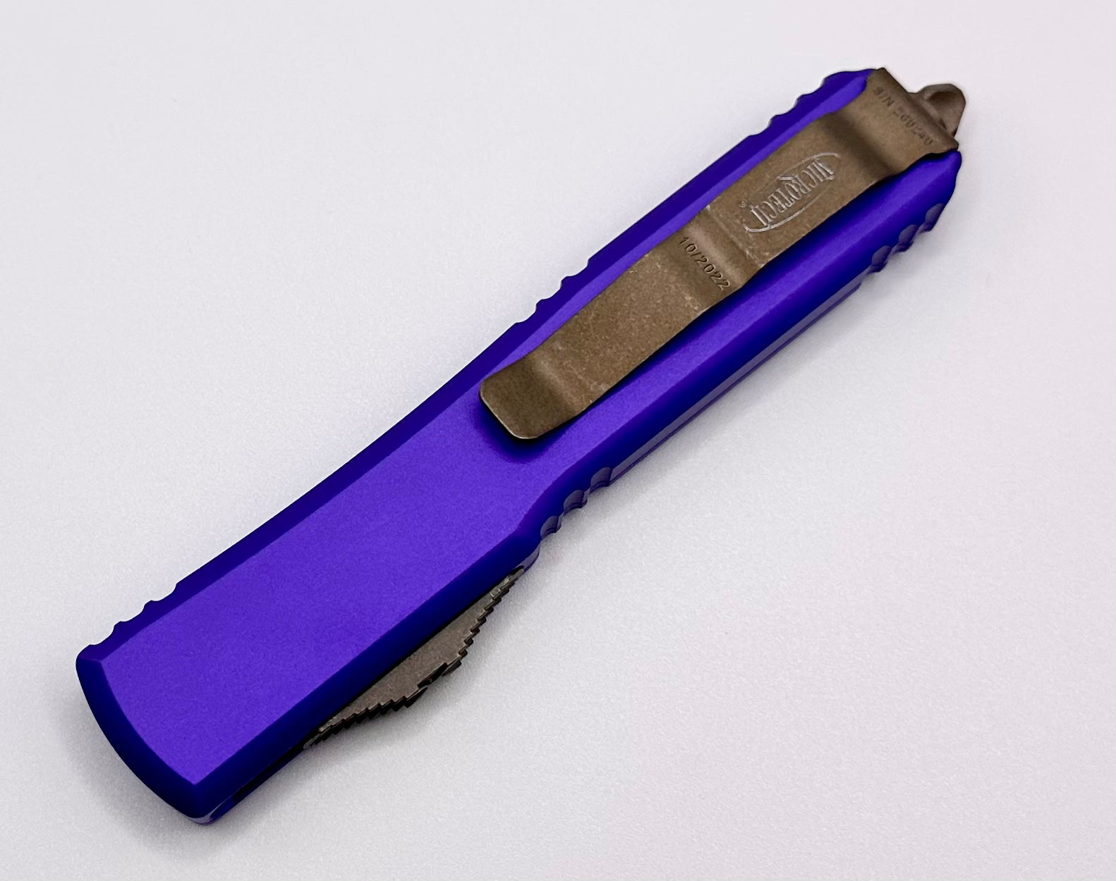 Premium Microtech Ultratech OTF Knife - Bronze Apocalyptic & Purple Double Edge