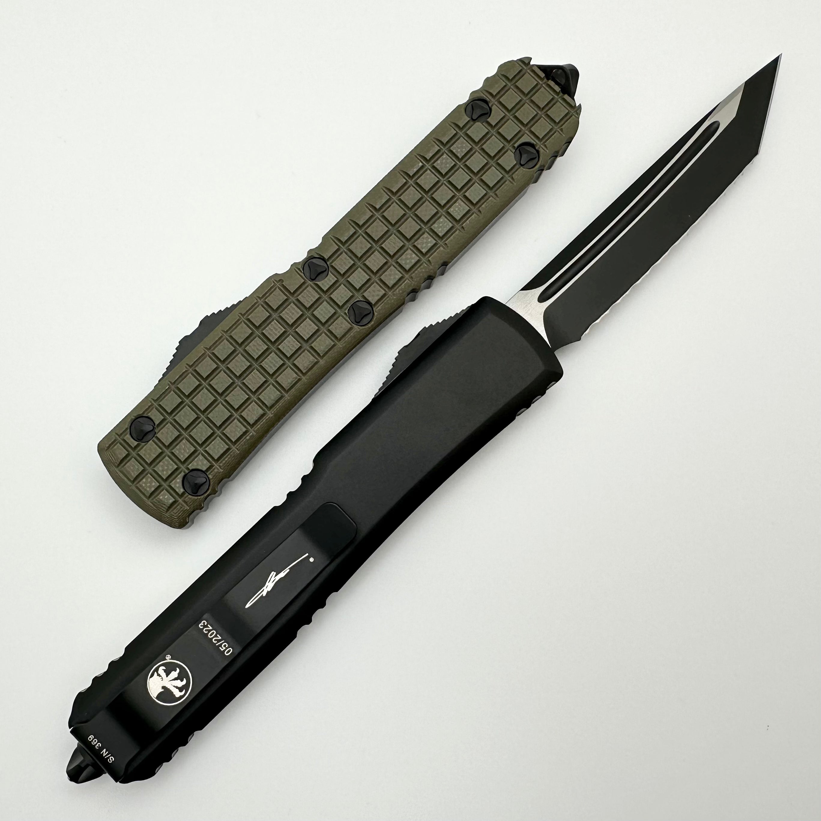 Microtech Ultratech Premium Tactical Knife - OD Green Frag G-10 Top & Tanto Full Serrated Blade