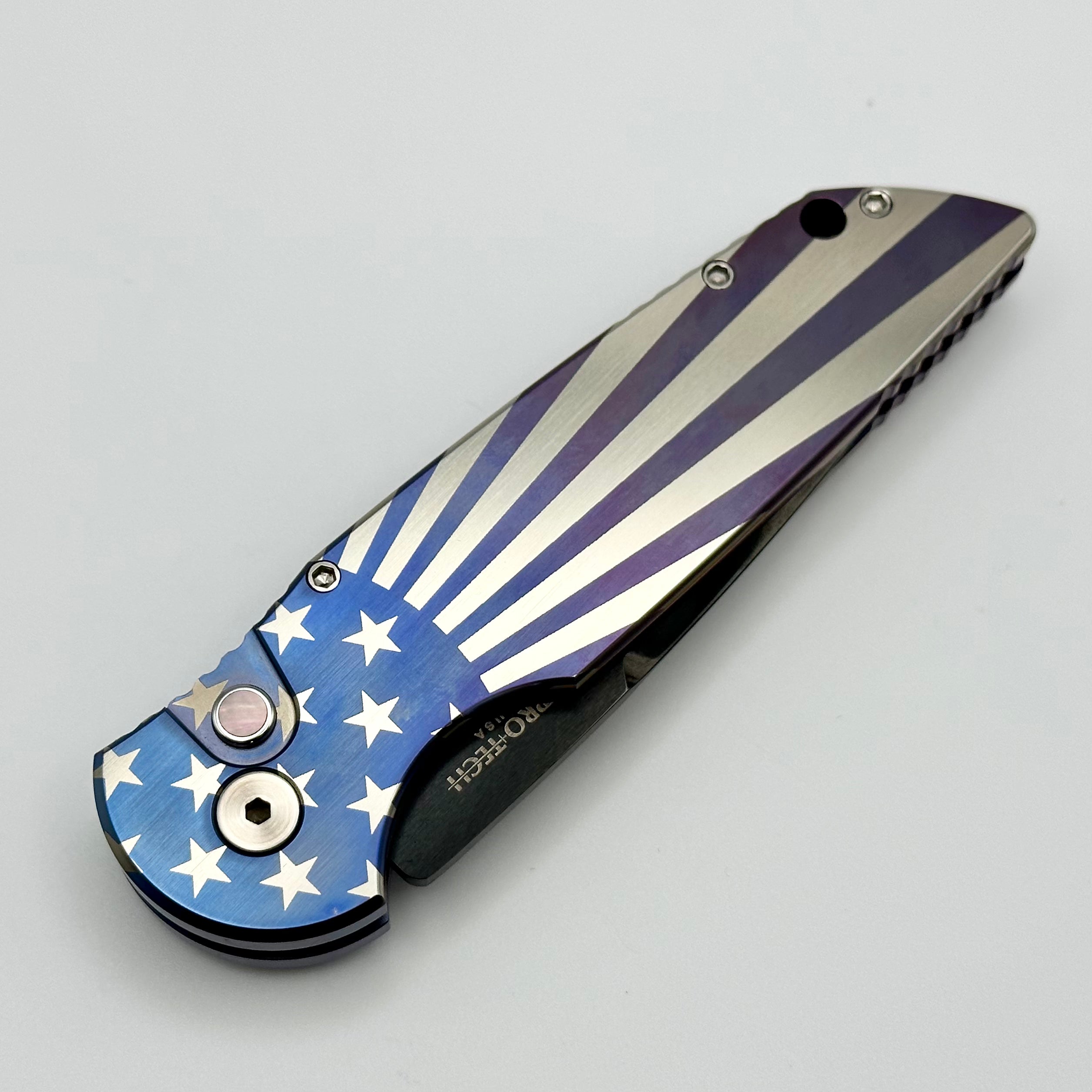 Pro-Tech TR-3 Patriotic Titanium Folding Knife - Premium Custom Design with Pearl Button & DLC Grind