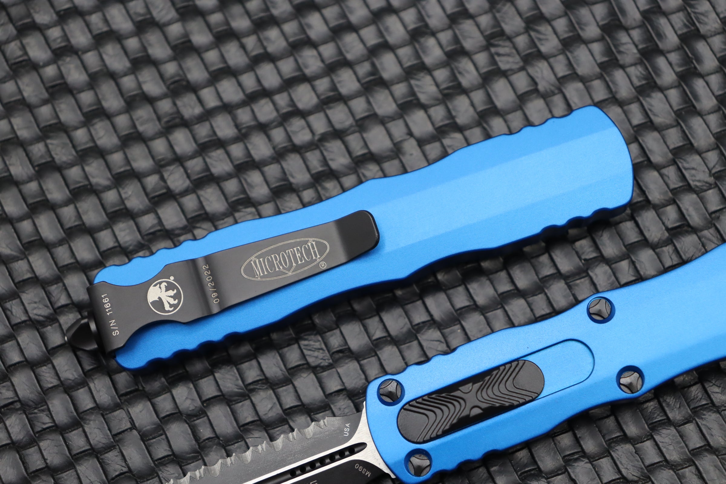 Microtech Dirac Premium Double Edge Serrated Tactical Knife - Blue