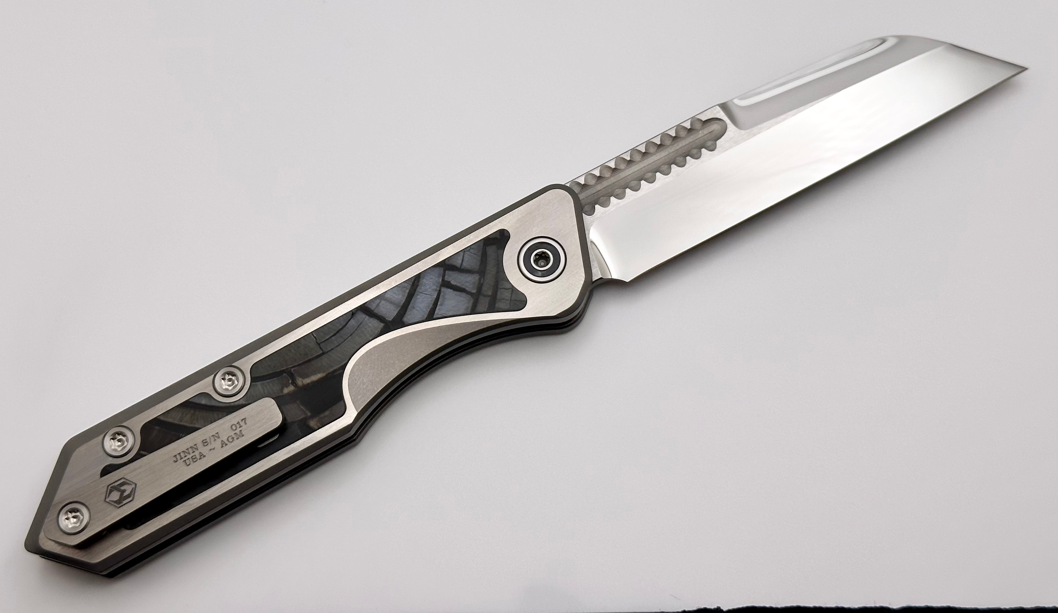 Premium Heretic Knives Jinn Custom Titanium Folding Knife with Mammoth Inset & Mirror Polished Elmax Blade