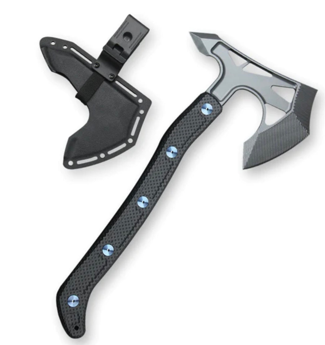 Jake Hoback PS2 Premium Tactical Axe - AEB-L Steel with Carbon Fiber Handle & Blue Anodized Bolts